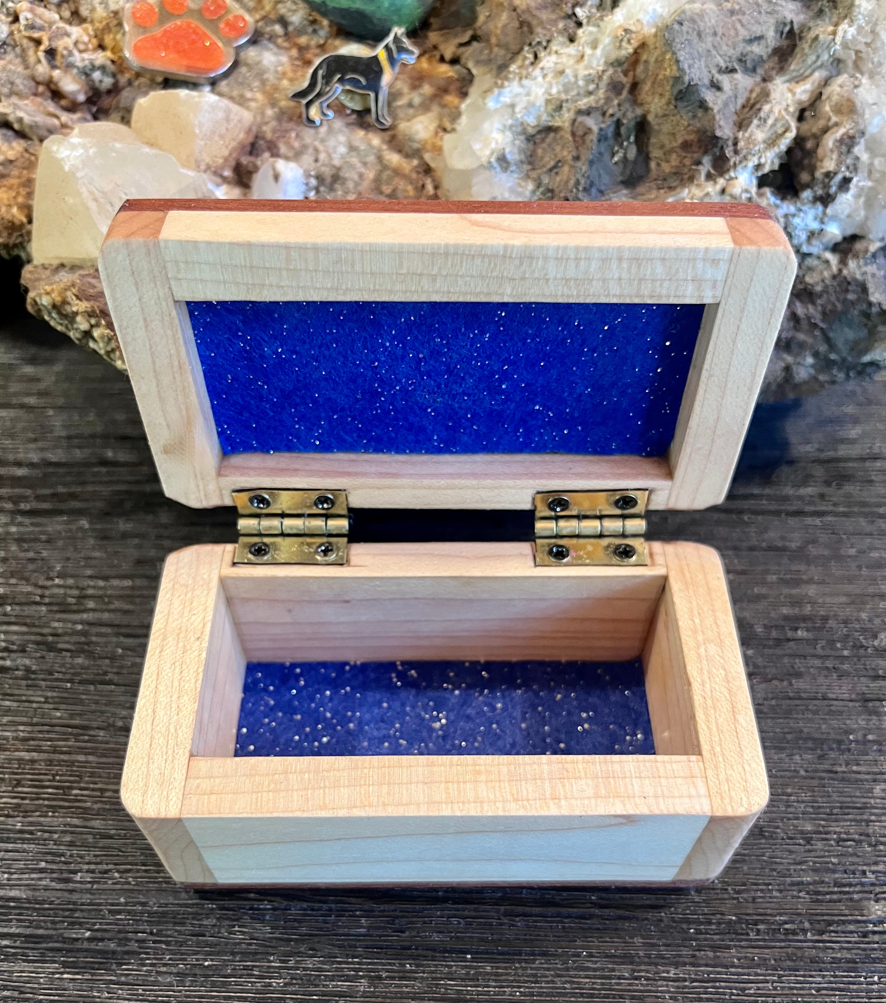 Maple & Sapele Small Keepsake Box | Blue Felt Lined | Brass Hinges | Handmade in Oregon