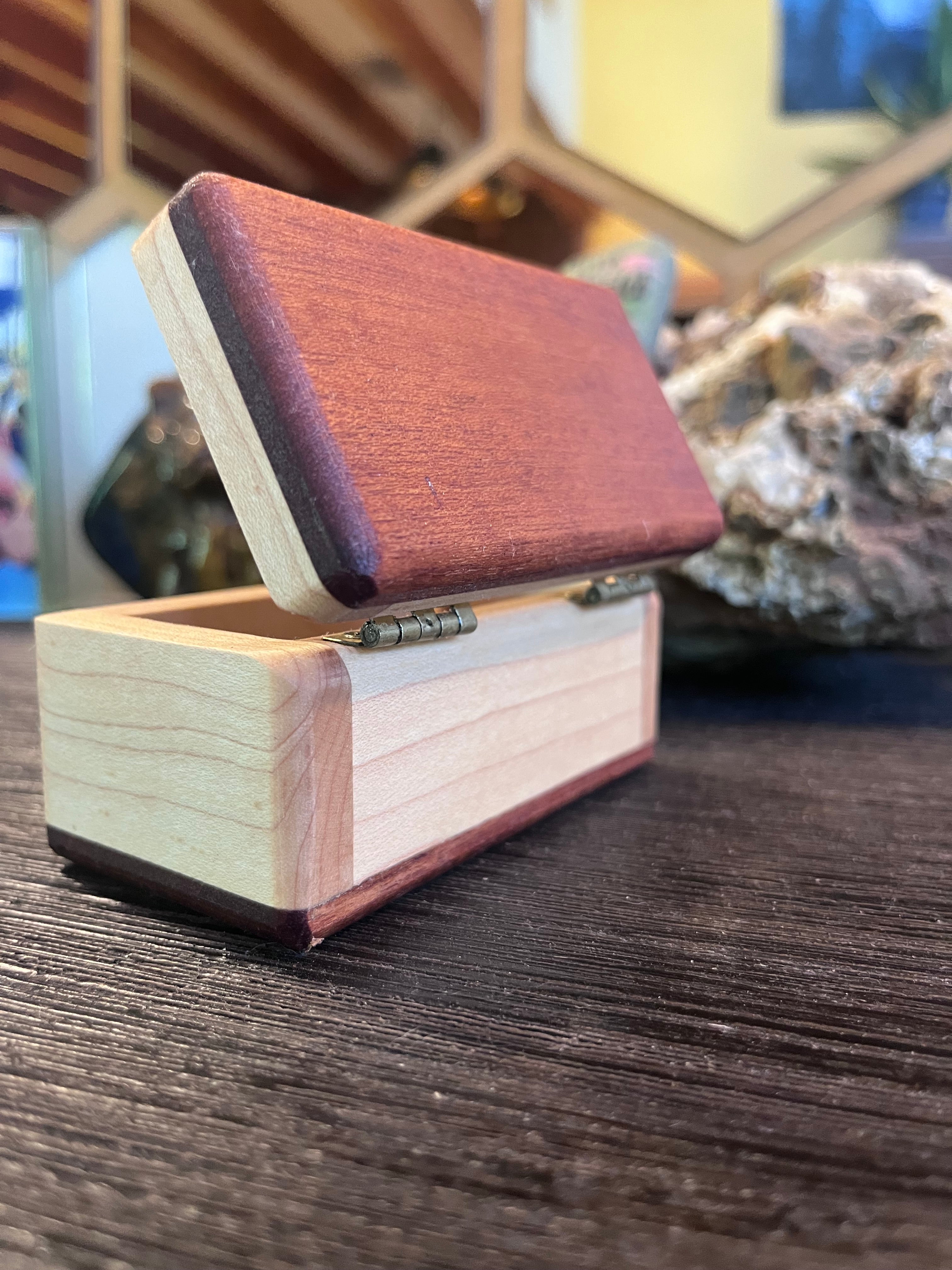 Maple & Sapele Small Keepsake Box | Blue Felt Lined | Brass Hinges | Handmade in Oregon