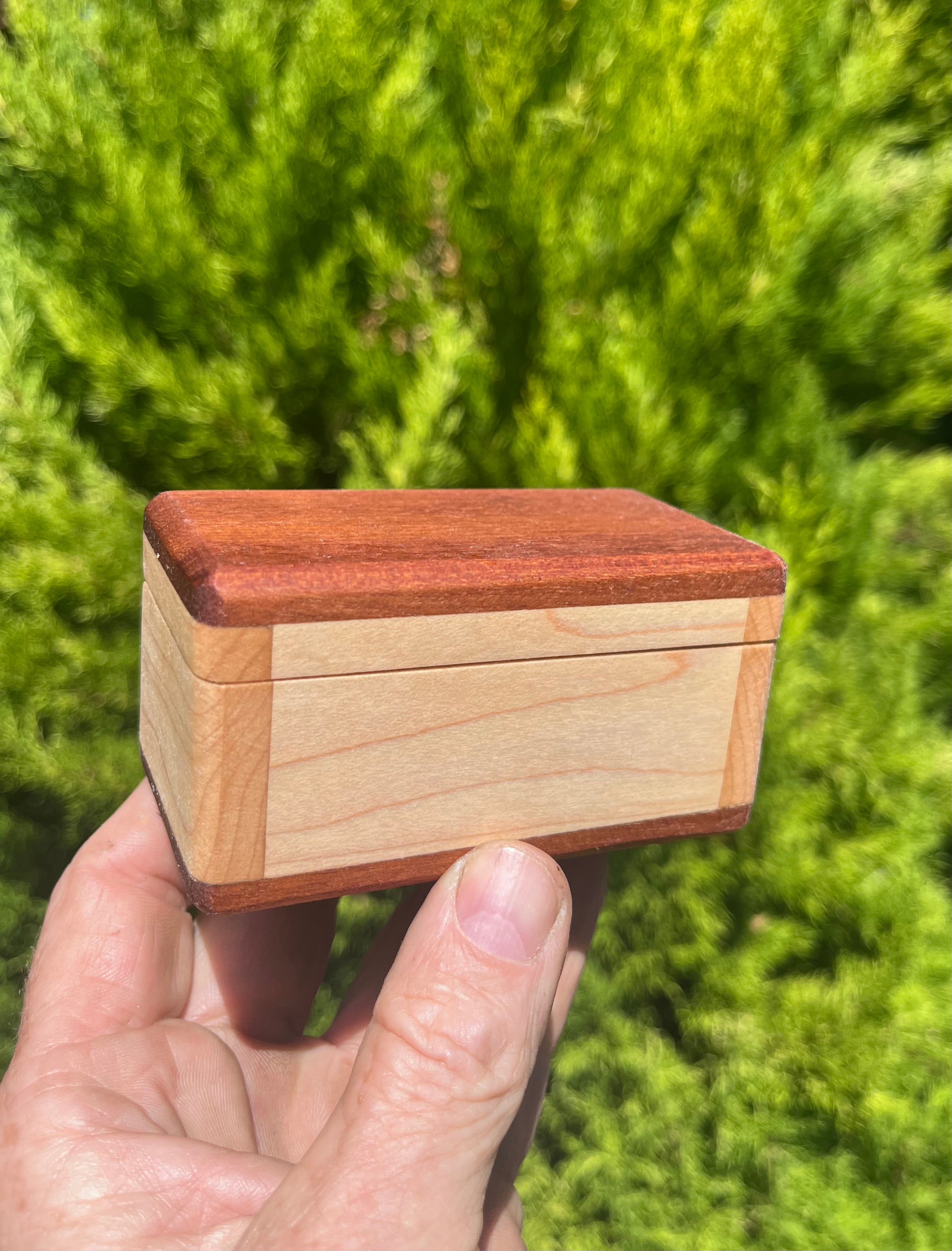 Maple & Sapele Small Keepsake Box | Blue Felt Lined | Brass Hinges | Handmade in Oregon