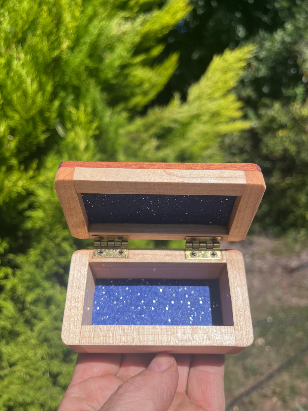 Maple & Sapele Small Keepsake Box | Blue Felt Lined | Brass Hinges | Handmade in Oregon
