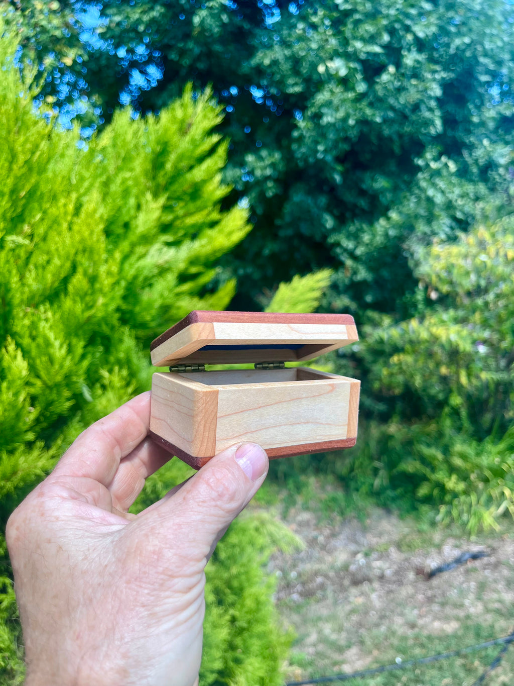 Maple & Sapele Small Keepsake Box | Blue Felt Lined | Brass Hinges | Handmade in Oregon