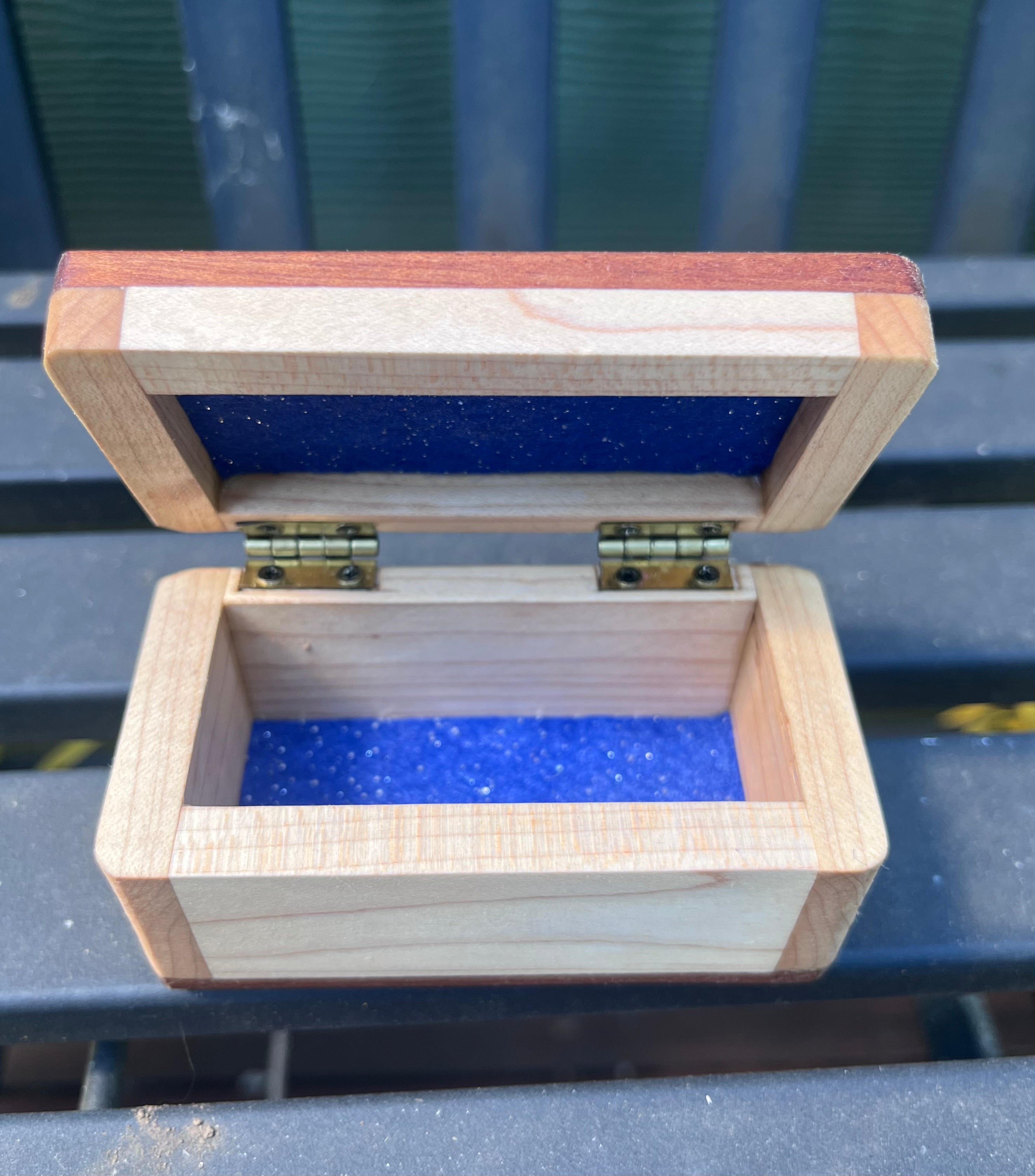 Maple & Sapele Small Keepsake Box | Blue Felt Lined | Brass Hinges | Handmade in Oregon