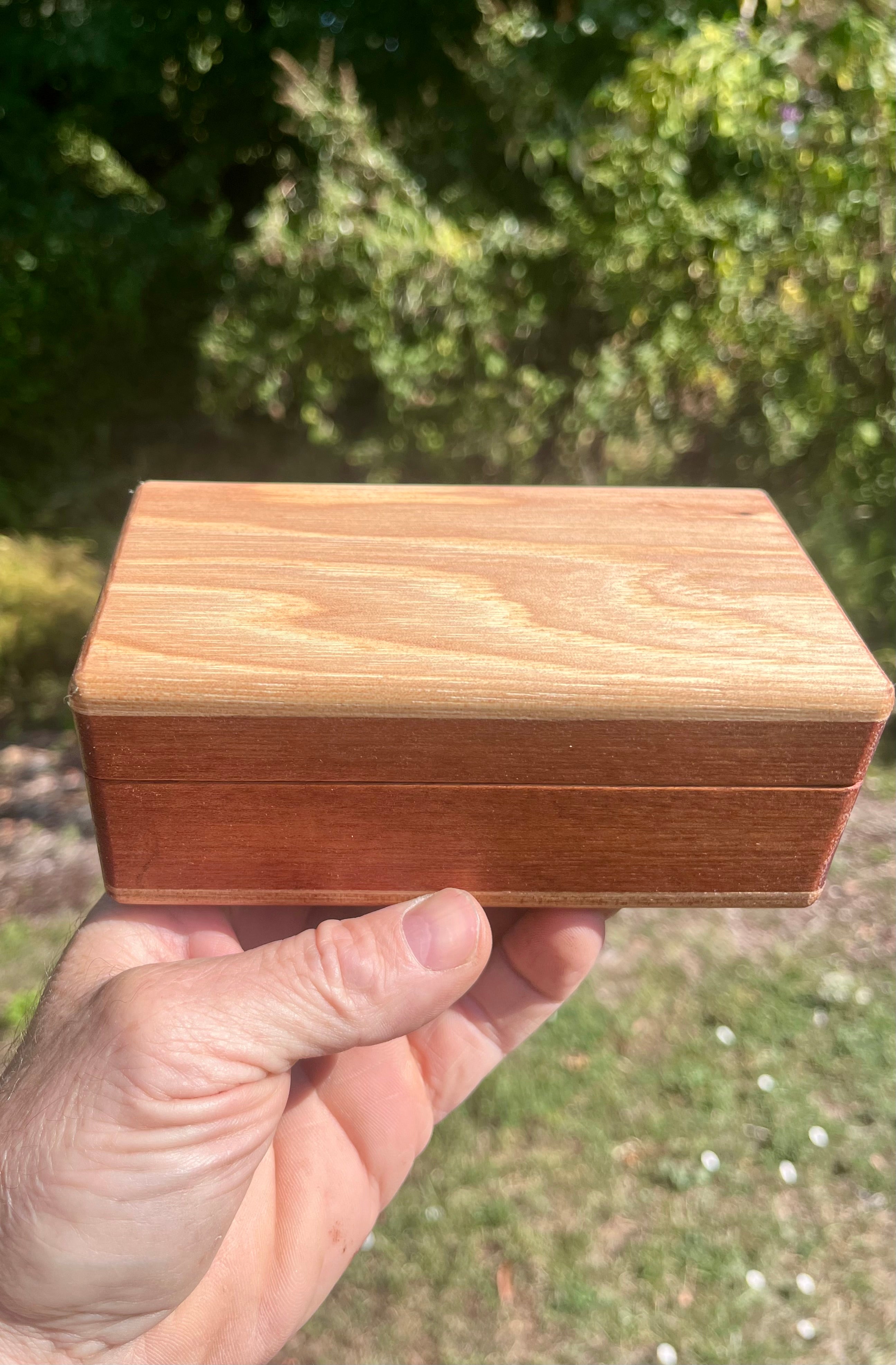 Reclaimed Cherry & Sapele Treasure Chest Jewelry Box – Walnut Details, Green Felt Interior