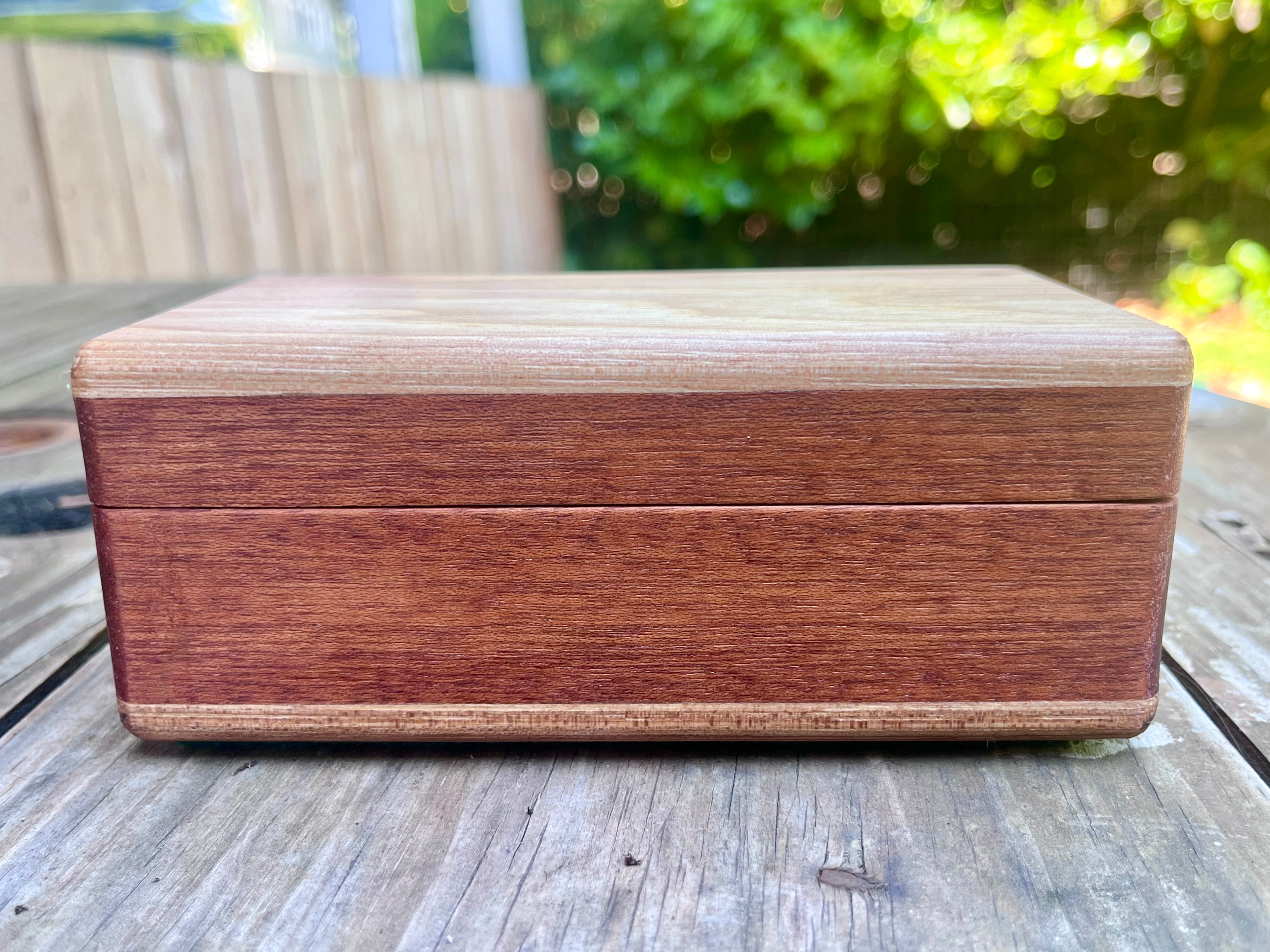Reclaimed Cherry & Sapele Treasure Chest Jewelry Box – Walnut Details, Green Felt Interior