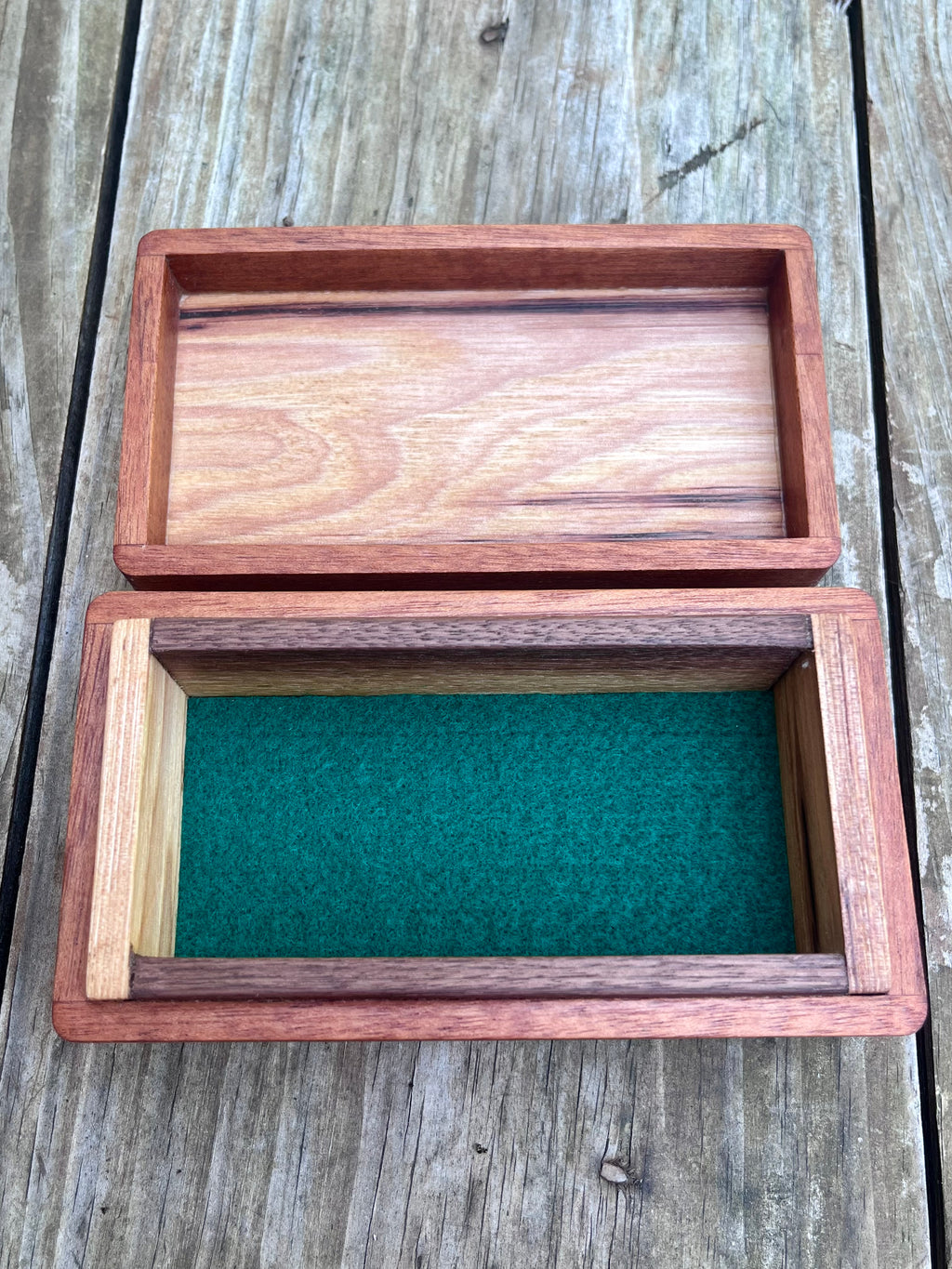 Reclaimed Cherry & Sapele Treasure Chest Jewelry Box – Walnut Details, Green Felt Interior