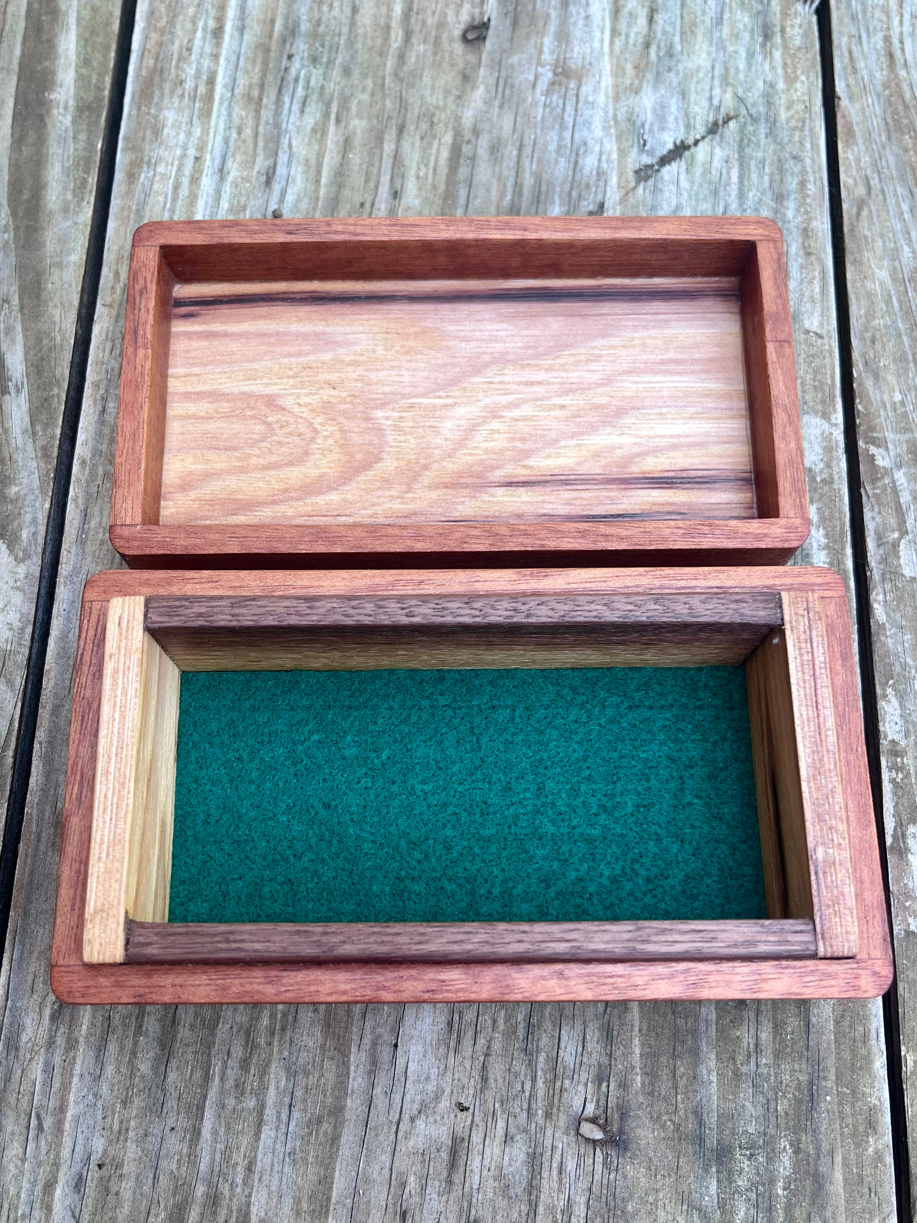 Reclaimed Cherry & Sapele Treasure Chest Jewelry Box – Walnut Details, Green Felt Interior