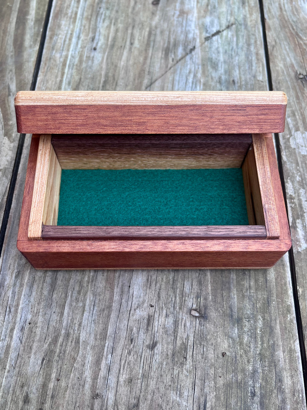 Reclaimed Cherry & Sapele Treasure Chest Jewelry Box – Walnut Details, Green Felt Interior
