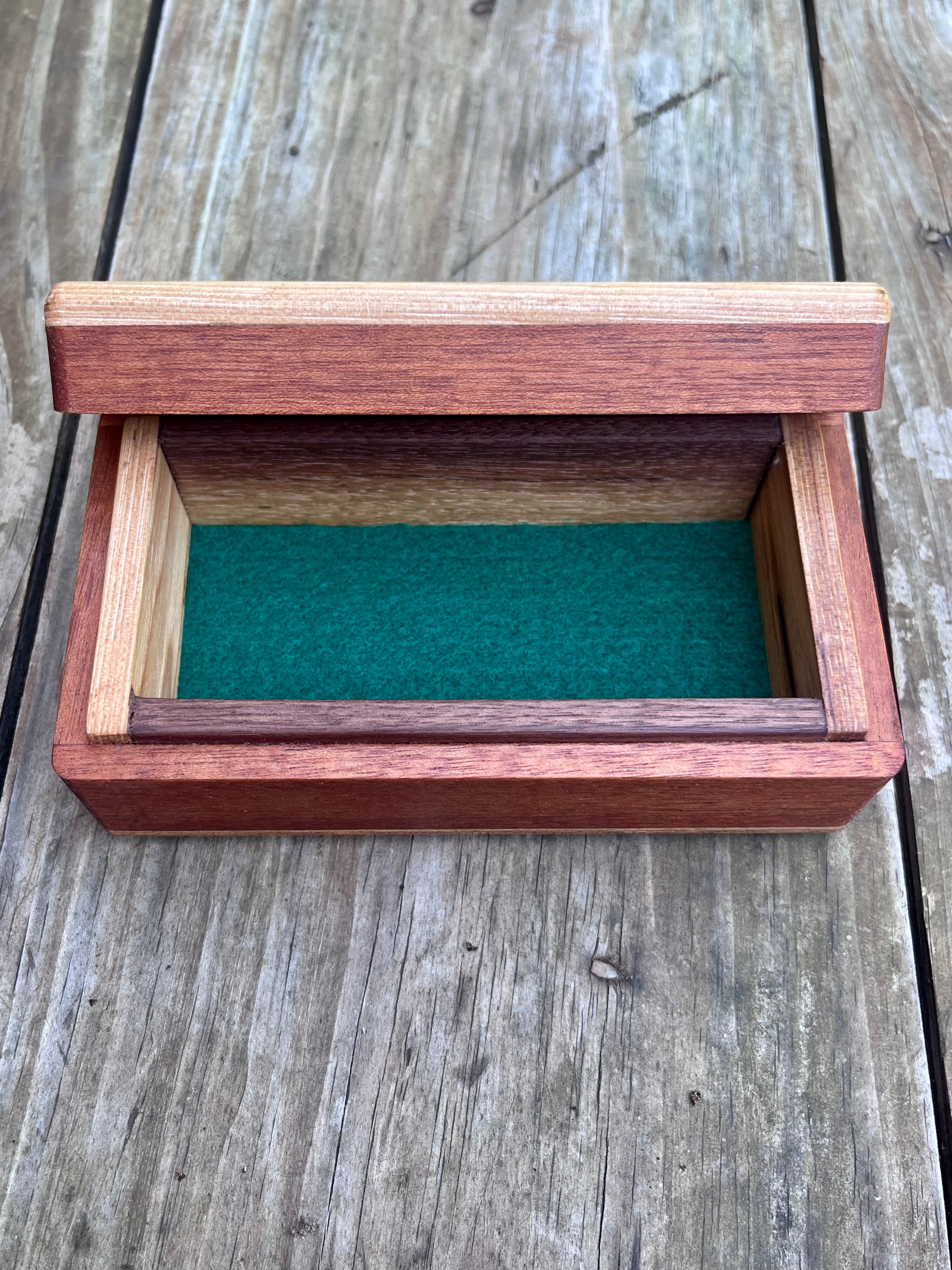 Reclaimed Cherry & Sapele Treasure Chest Jewelry Box – Walnut Details, Green Felt Interior