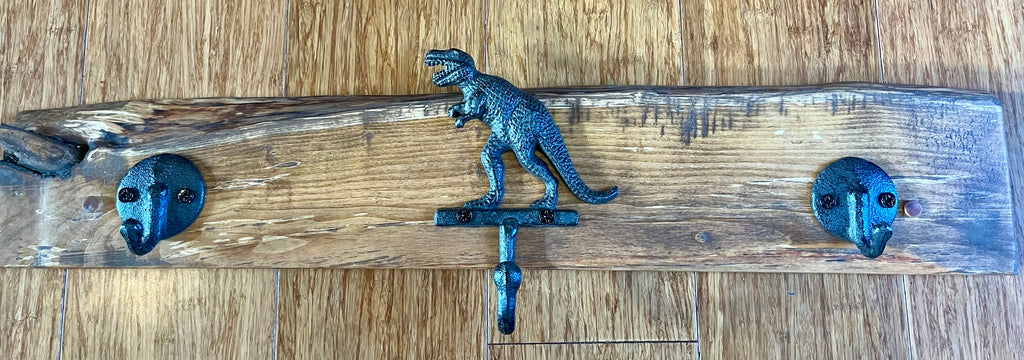 Roars & Hooks Dinosaur Coat Rack – Live Edge Plum Wood (24")