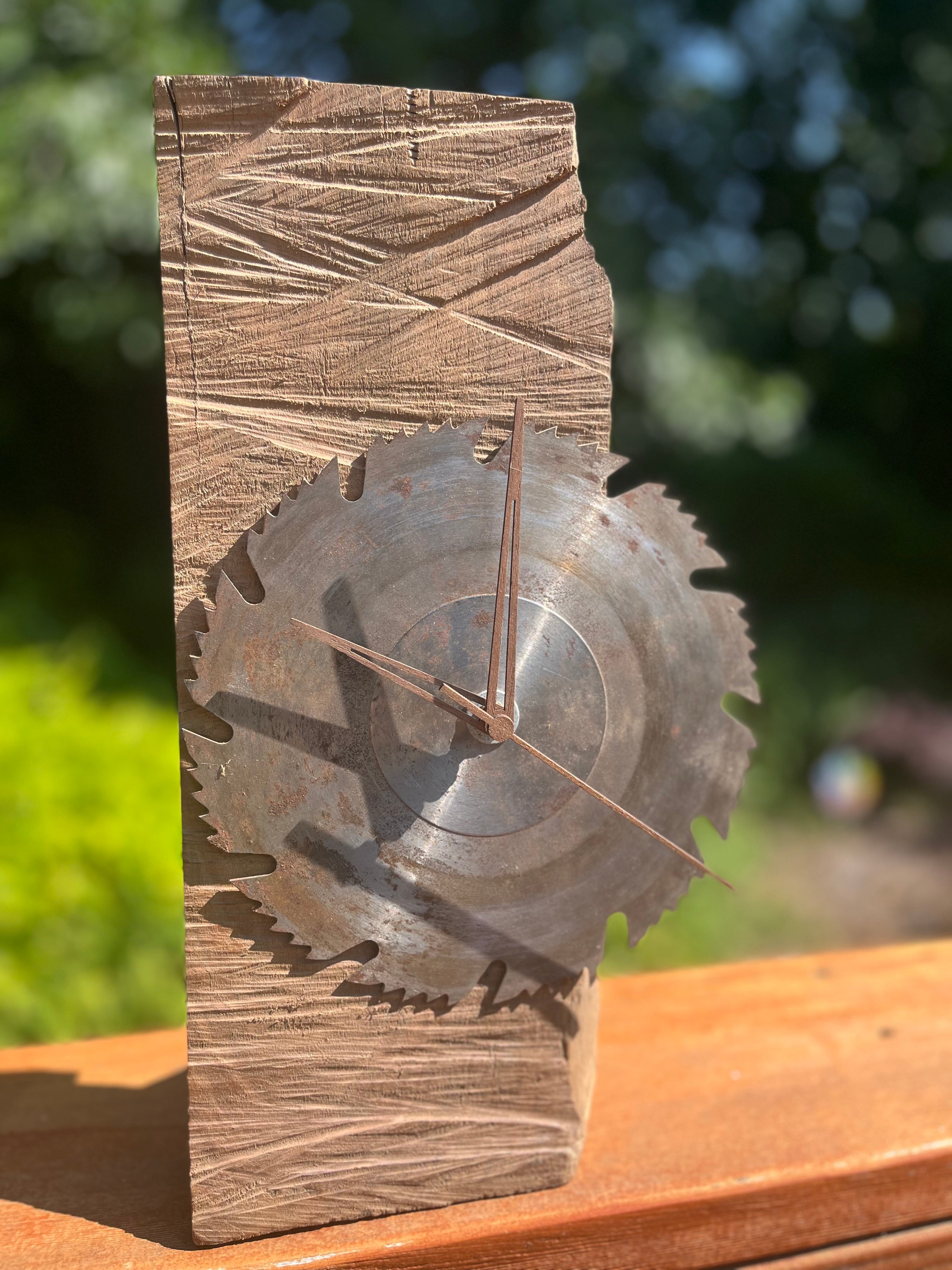 Handmade Walnut Desk Clock with Upcycled Saw Blade: Rustic Man Cave Decor