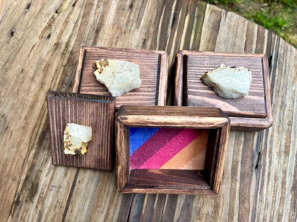 Handmade Spruce Wood Jewelry Box Set – Oregon Thunderegg Pulls, Rainbow Felt Lined