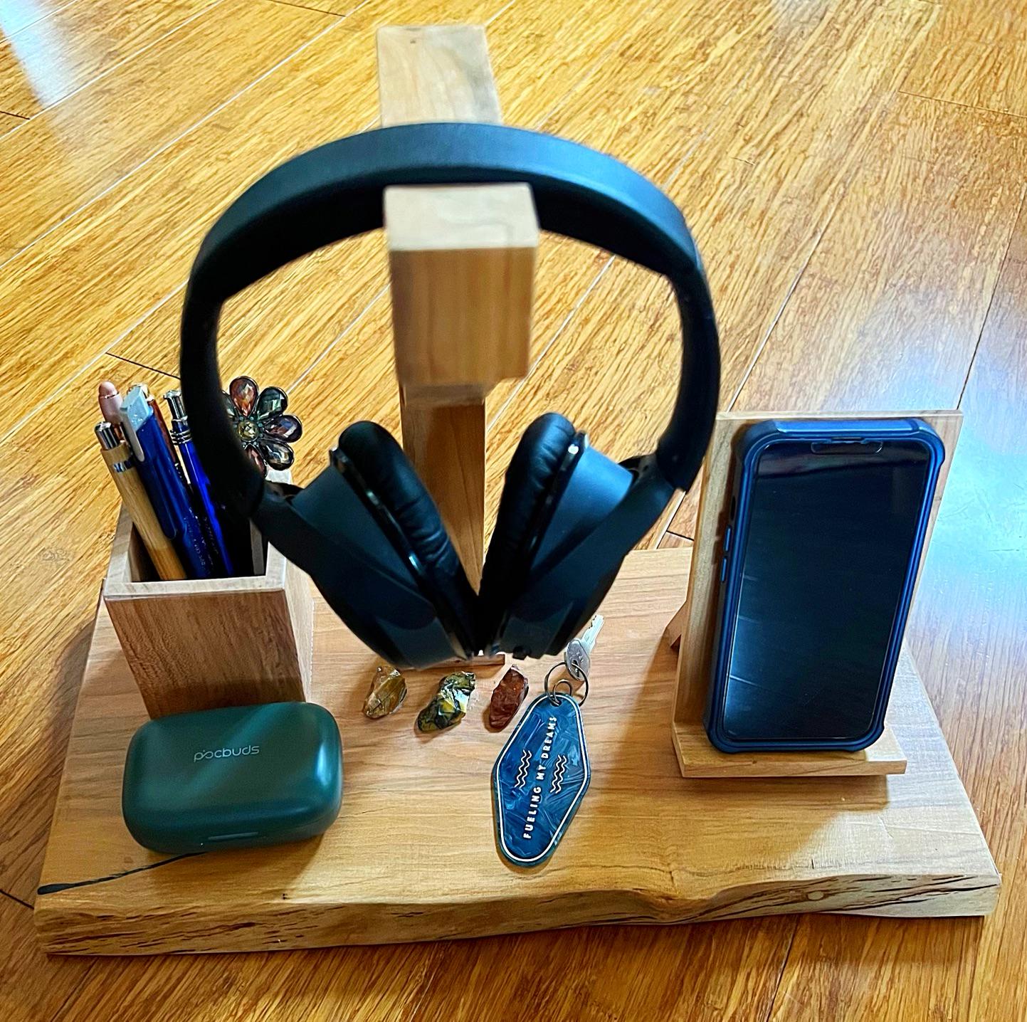 Handcrafted Plum Wood Headphone Stand with Phone & Pen Holder