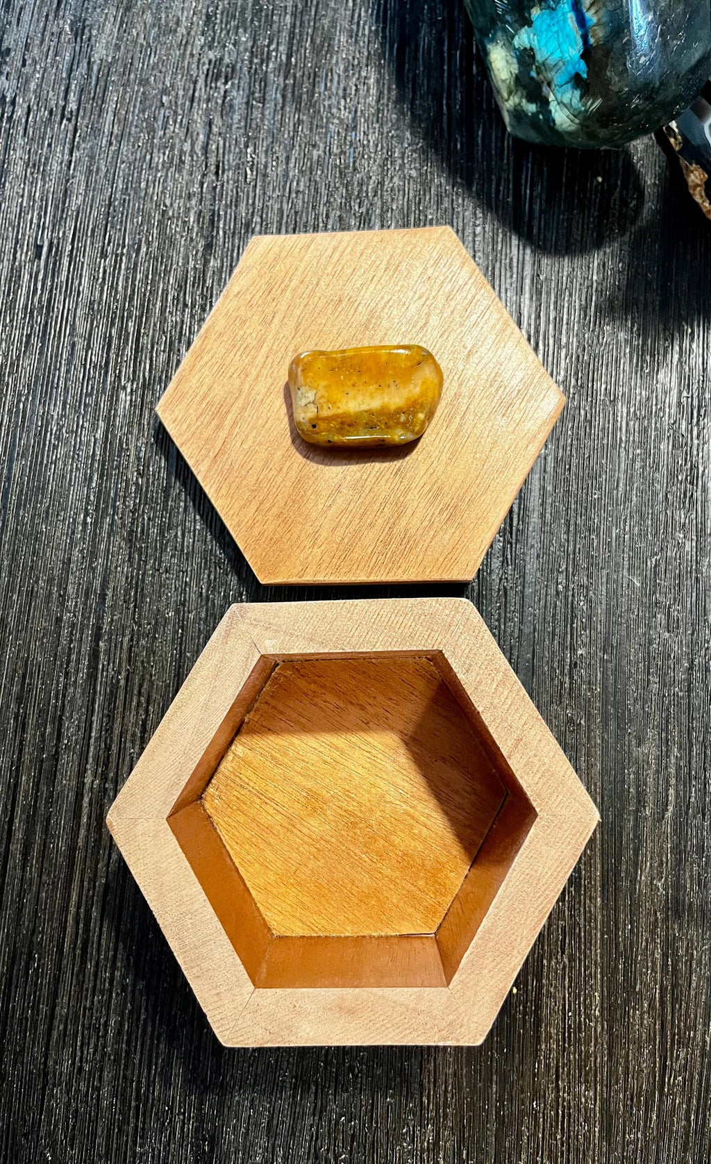 Handmade Mahogany Hexagon Jewelry Box with Agate Stone Lid