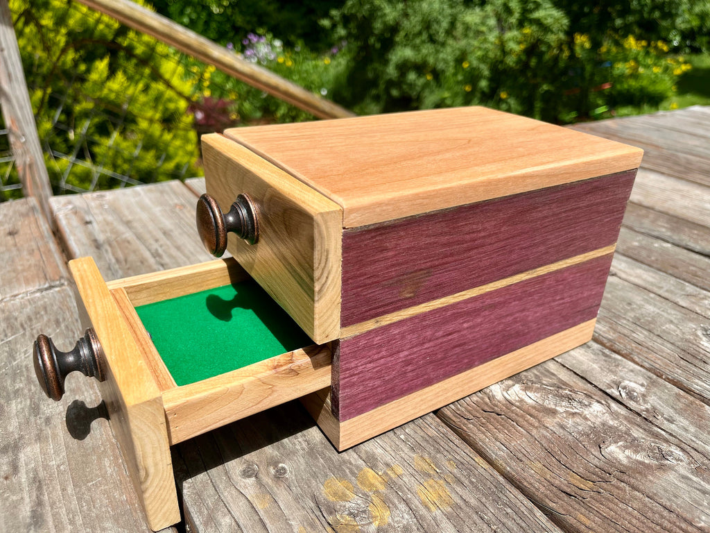 Handcrafted Padauk Wood Jewelry Box: Apple Wood Fronts & Cedar Drawers