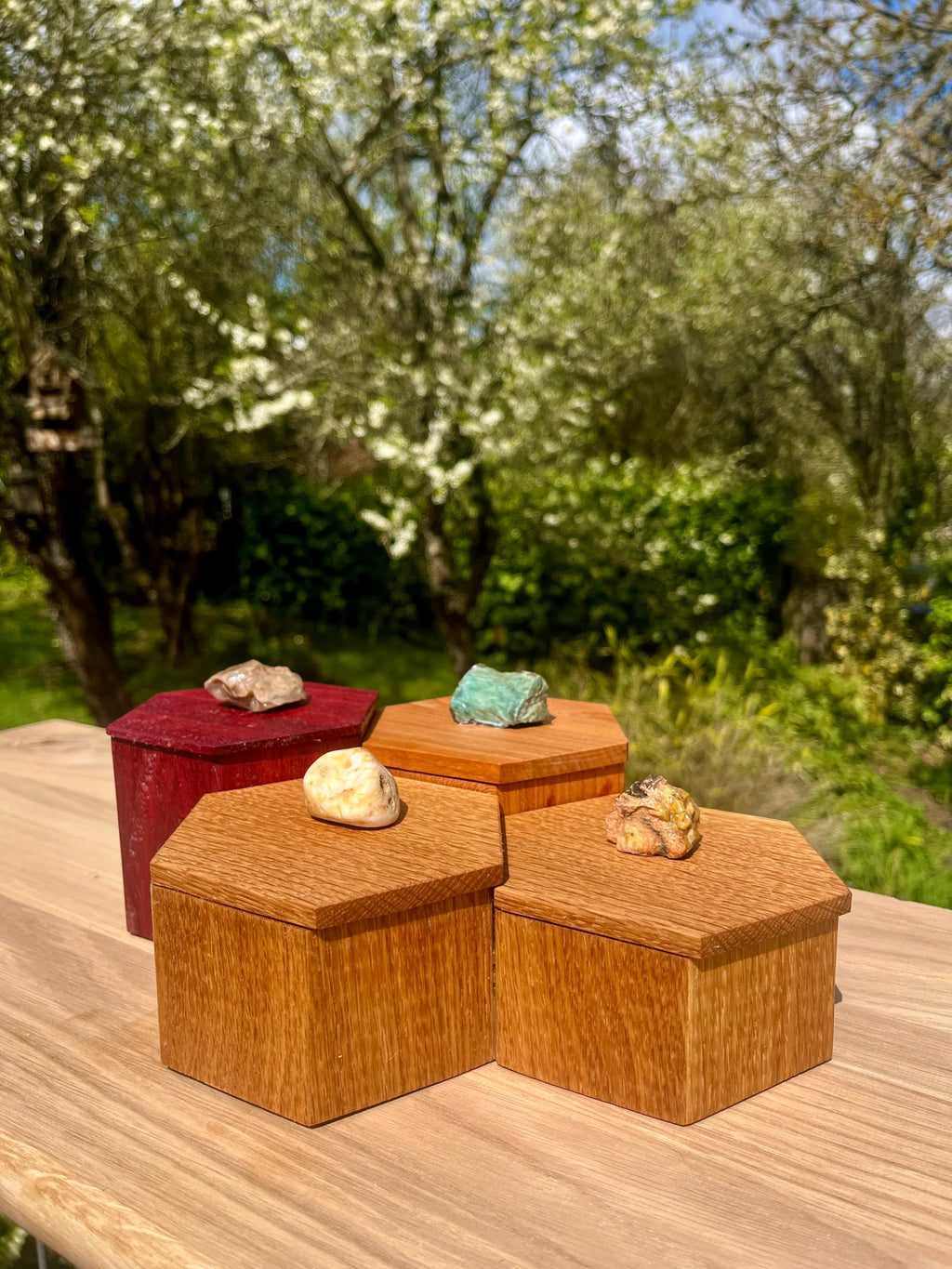 Honeycomb Jewelry Box: Purpleheart, Plum & Oak with Agate Lids