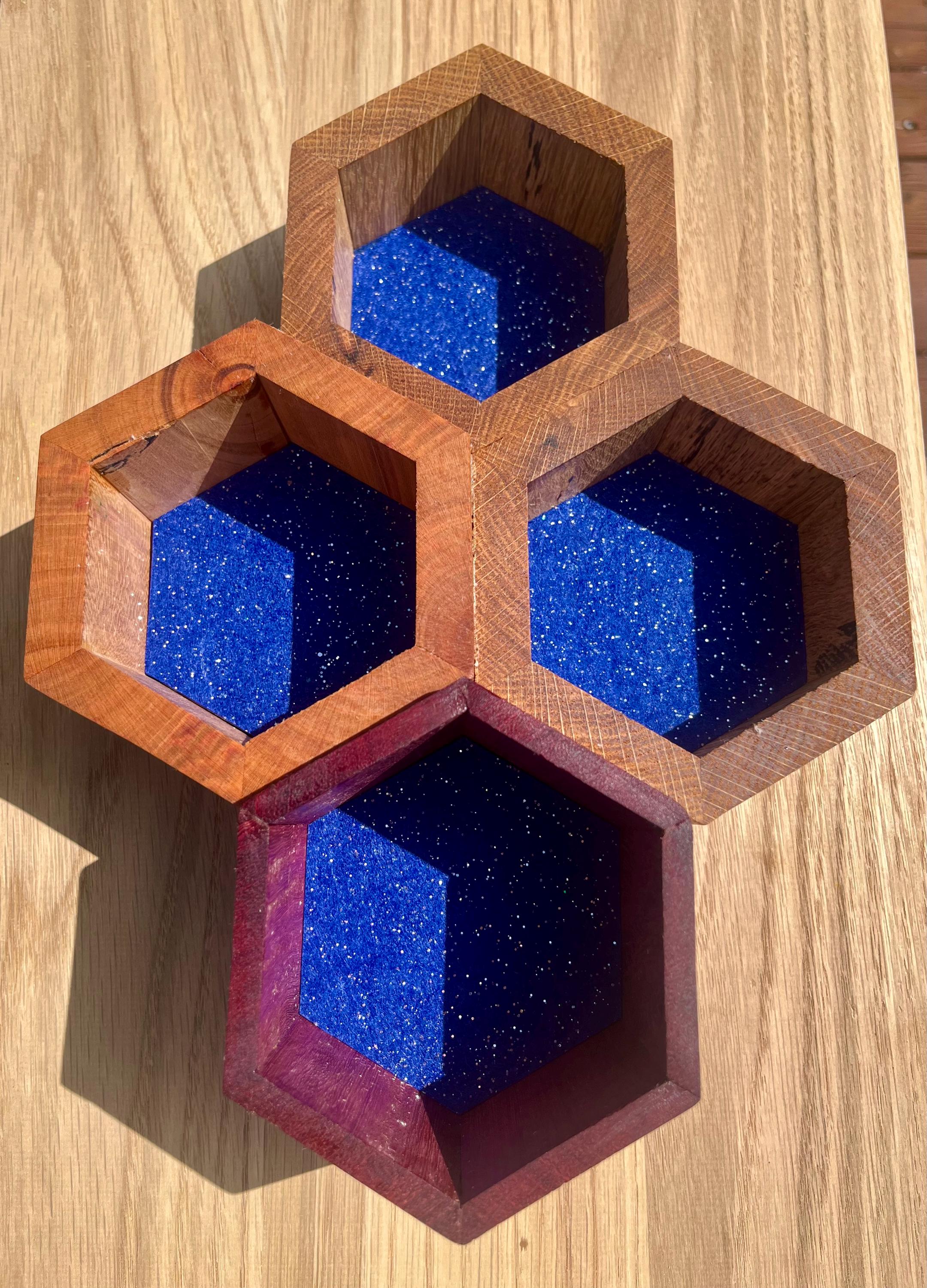Honeycomb Jewelry Box: Purpleheart, Plum & Oak with Agate Lids