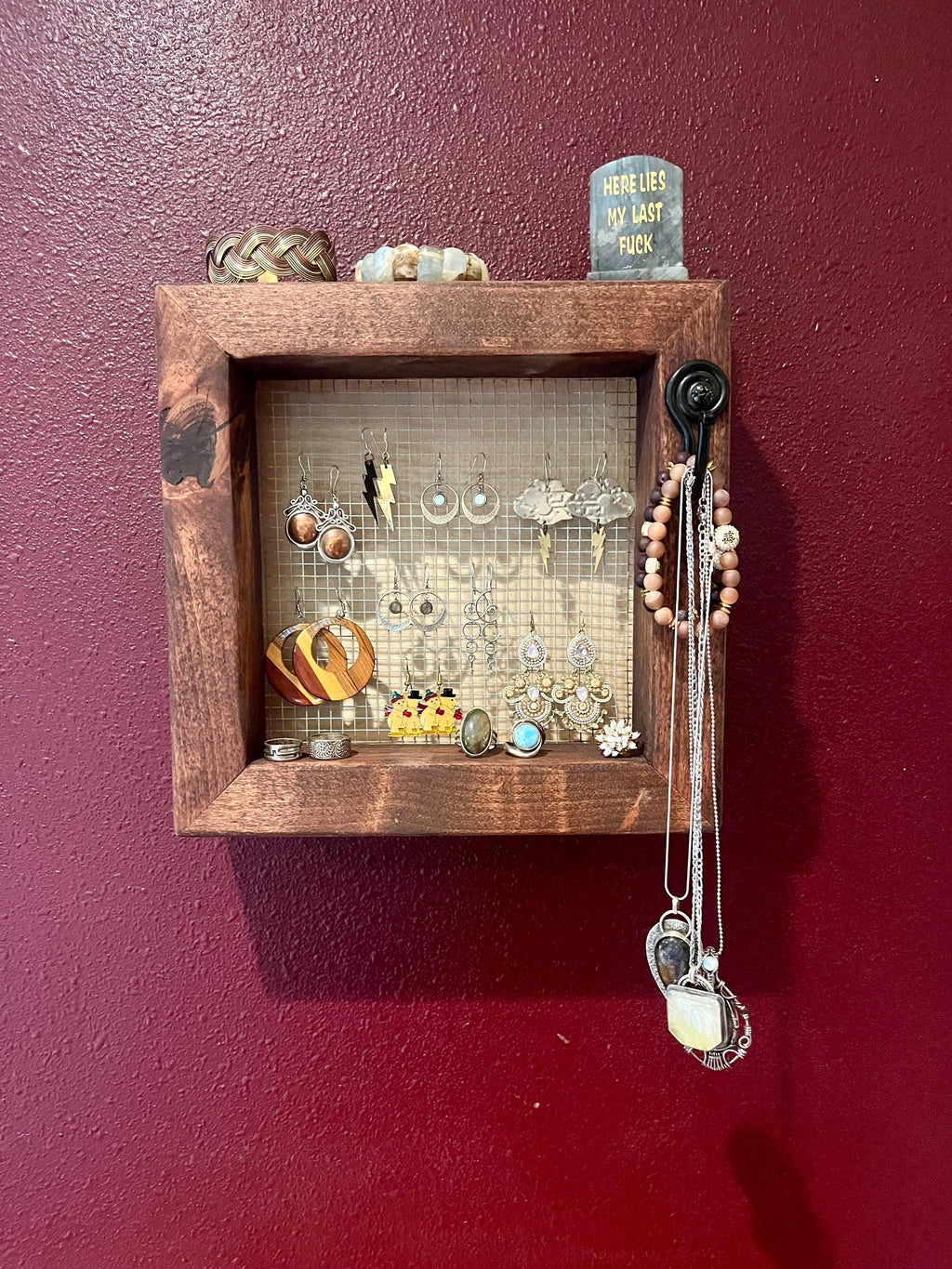 Wall Hanging Alder Wood Jewelry Display with Mesh Backing, Necklace Hook, Shelf | Locally Grown Wood