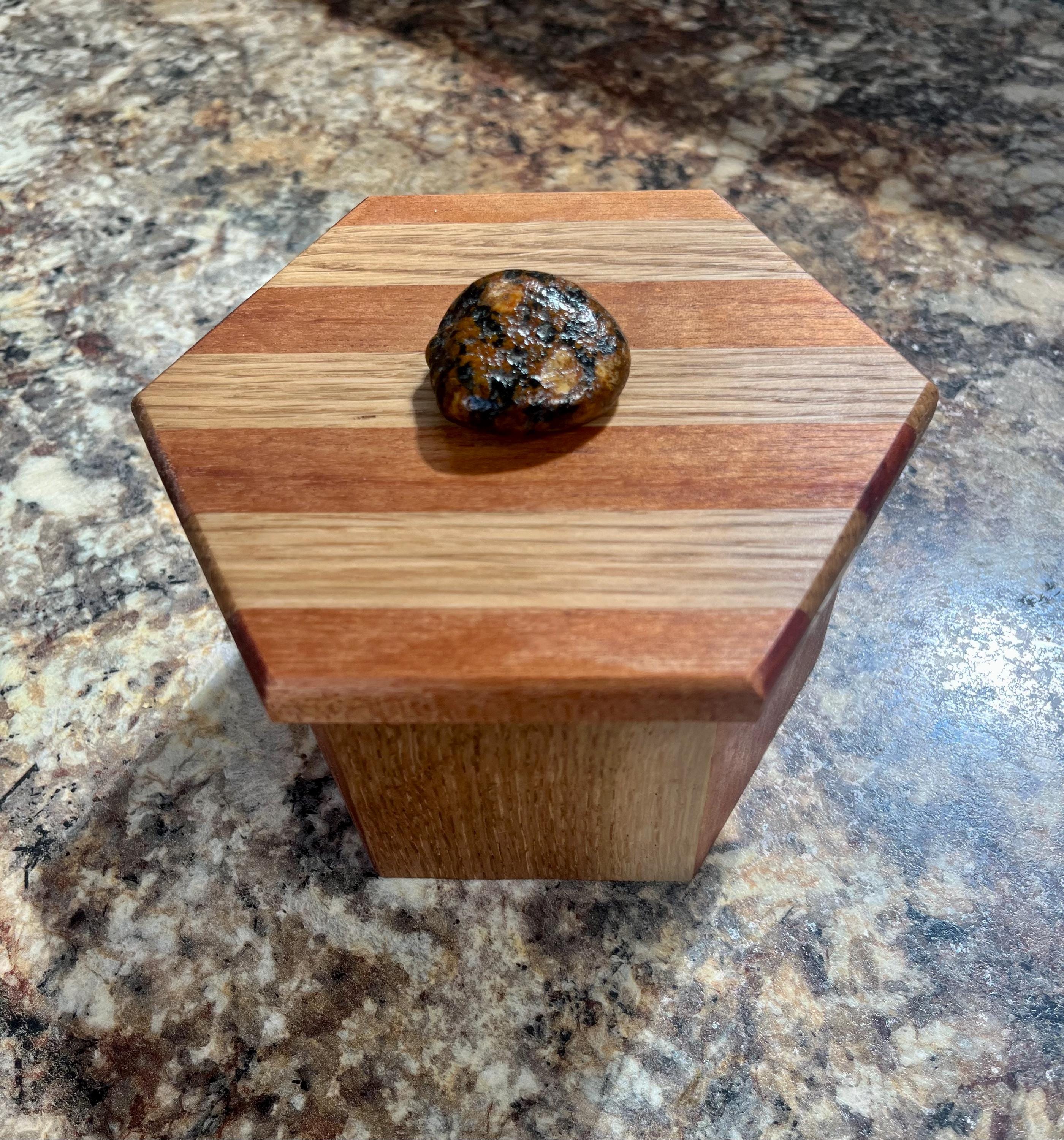 Handcrafted Oak & Mahogany Hexagonal Storage Box with New Zealand Beach Stone Pull