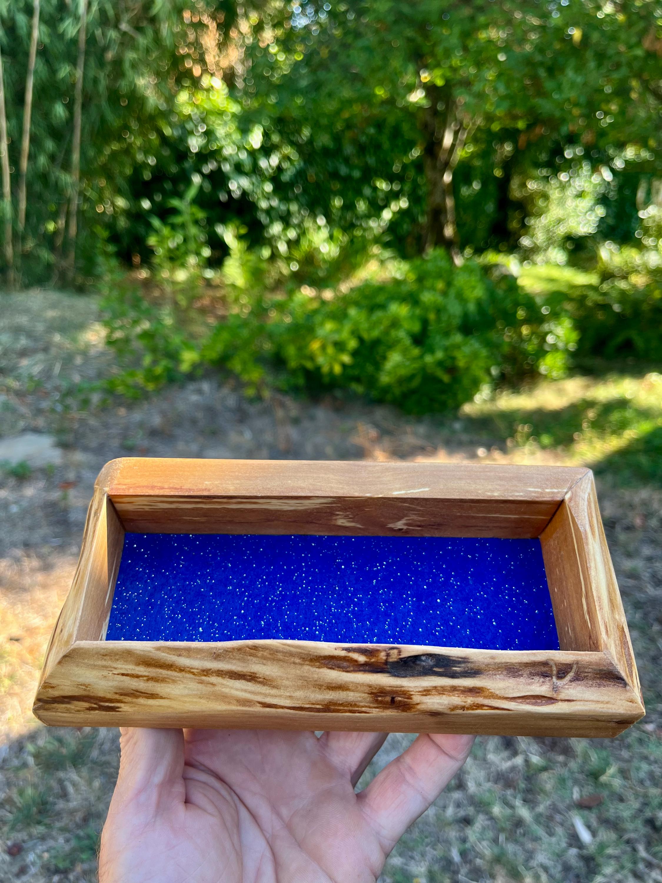 Live-Edge Apple Wood Jewelry Tray: Blue Sparkle Felt, Handmade Keepsake Holder