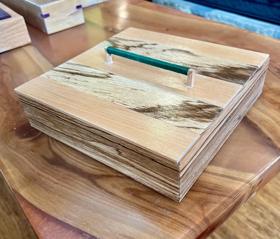 Handmade Zebrawood Jewelry Box: Alder Lid, Thread-Wrapped Handle