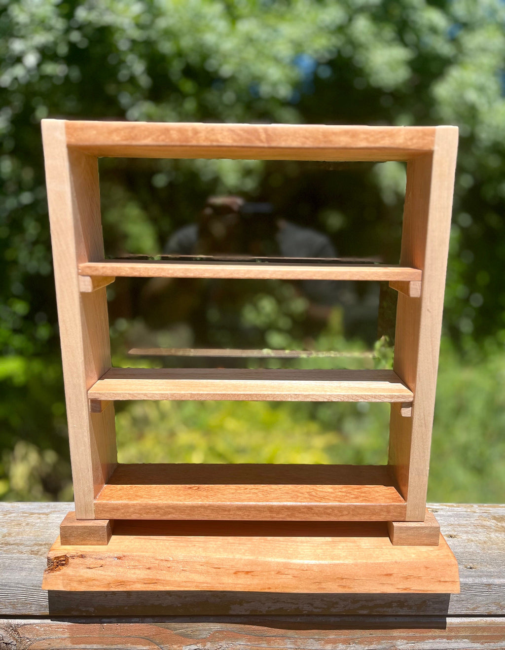 Handmade Wood Desktop Shelf: Mahogany, Oak & Live Edge Alder Base