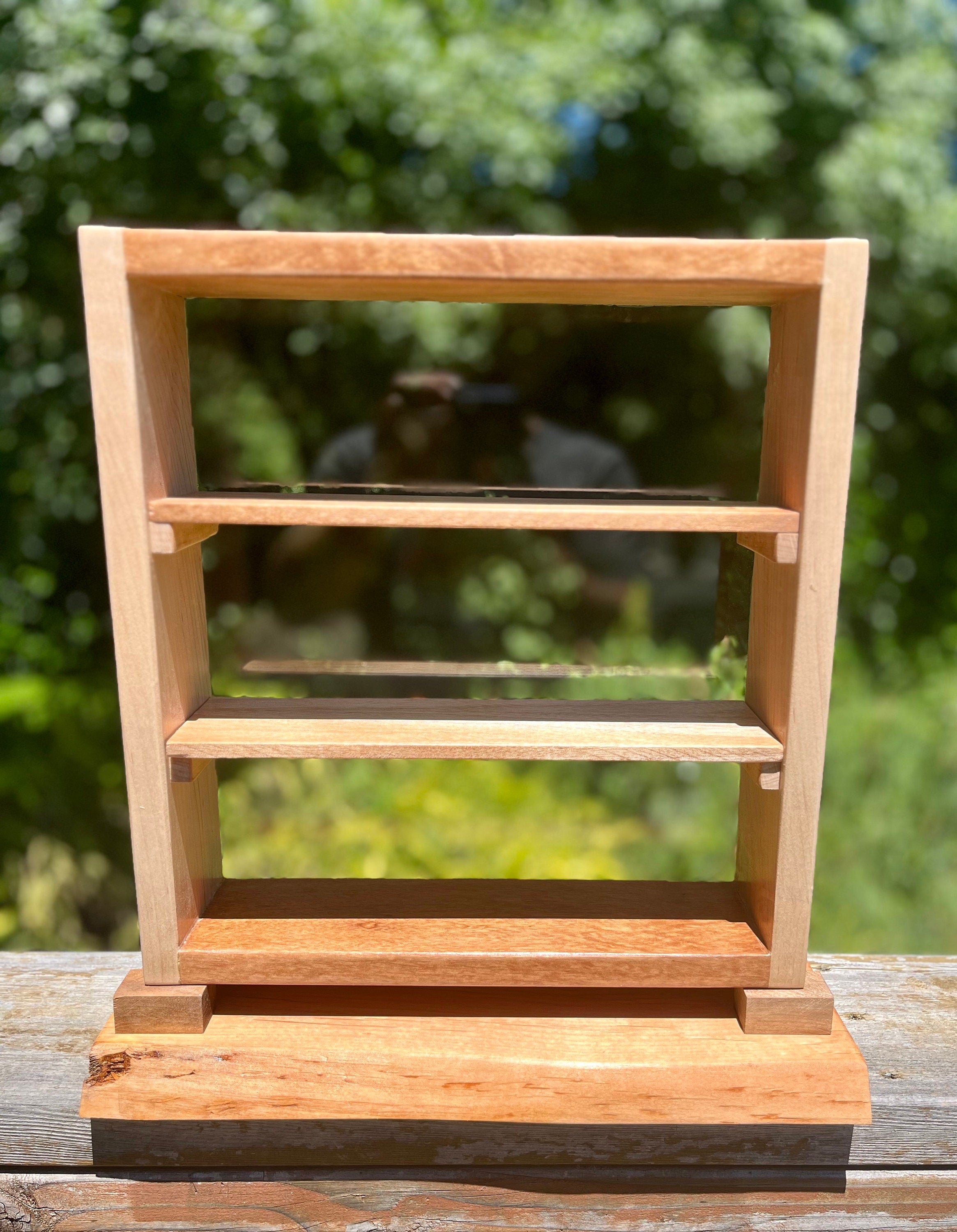 Handmade Wood Desktop Shelf: Mahogany, Oak & Live Edge Alder Base