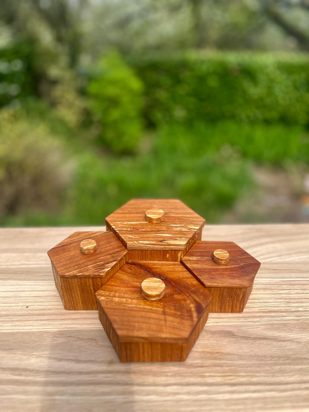 Handmade Alder Wood Honeycomb Jewelry Box: Blue Sparkle Felt Lining