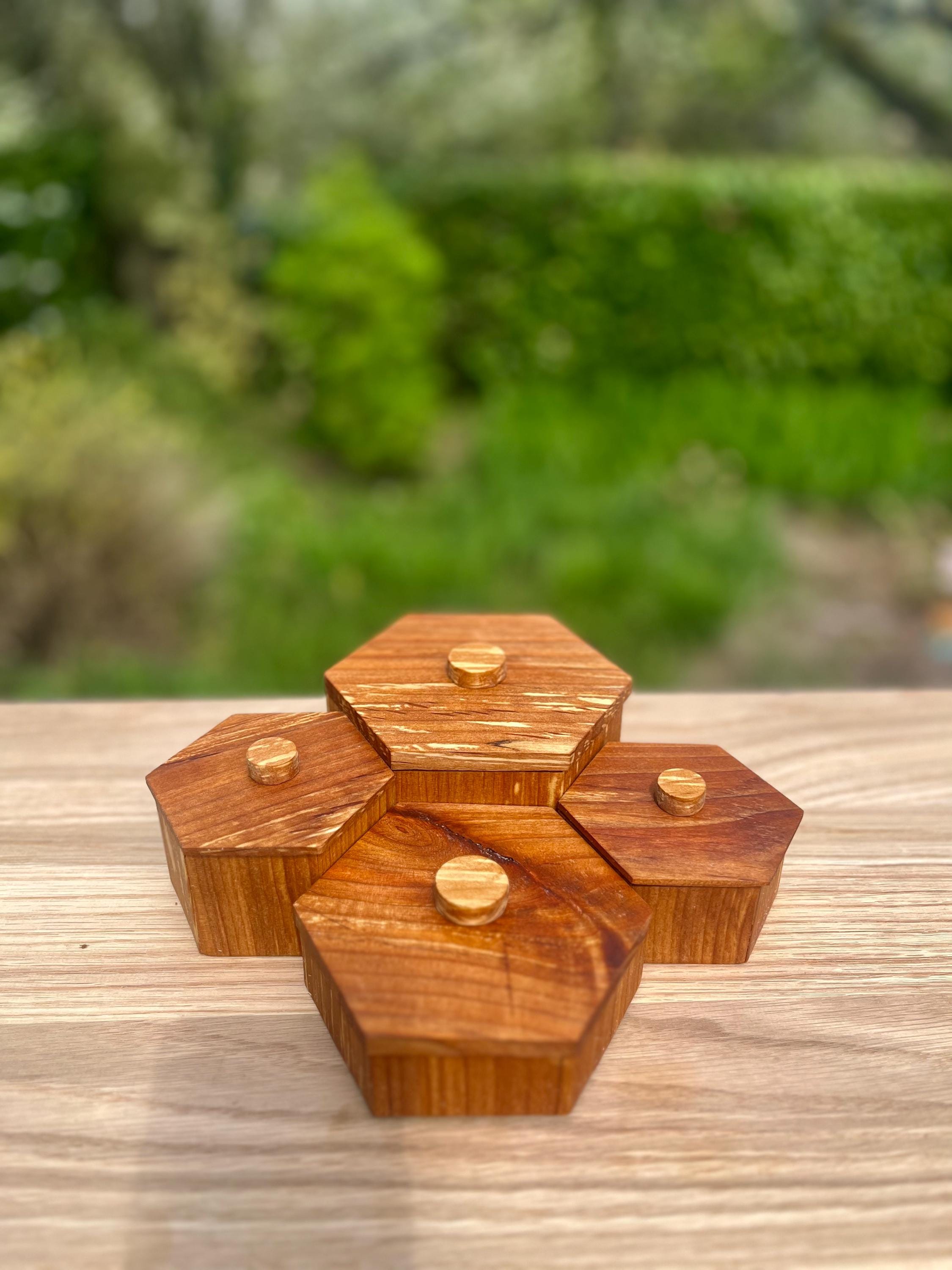 Handmade Alder Wood Honeycomb Jewelry Box: Blue Sparkle Felt Lining