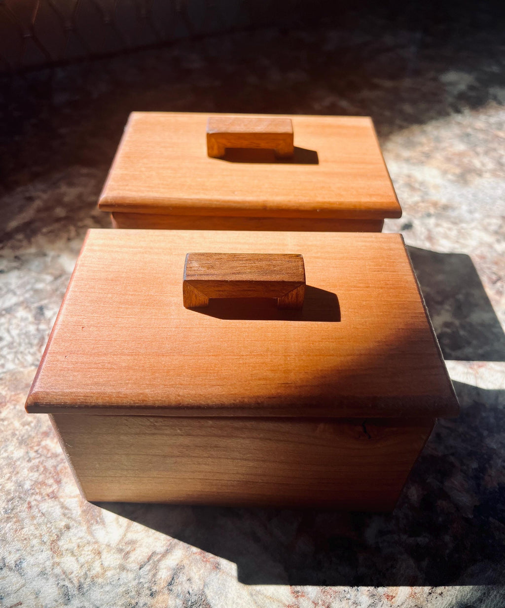 Reclaimed Cherry Wood Boxes with Walnut Handles, Felt Lined - Set of 2