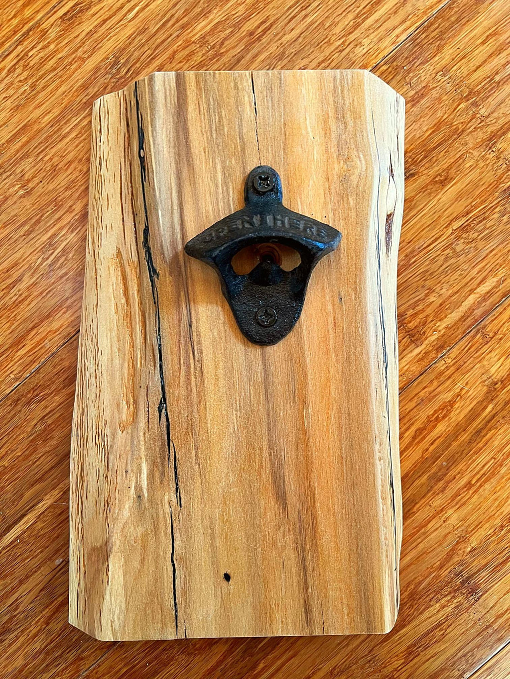 Live-Edge Apple Wood Bottle Opener: Wall Mounted Vintage Cast Iron
