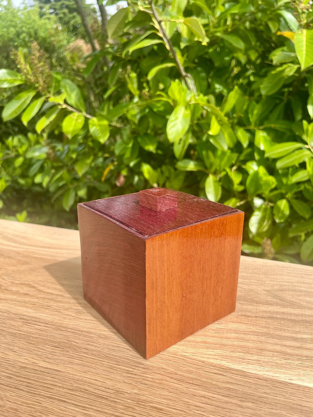 Handmade Mahogany & Purpleheart Keepsake Box: Reclaimed Wood, Blue Felt Lined