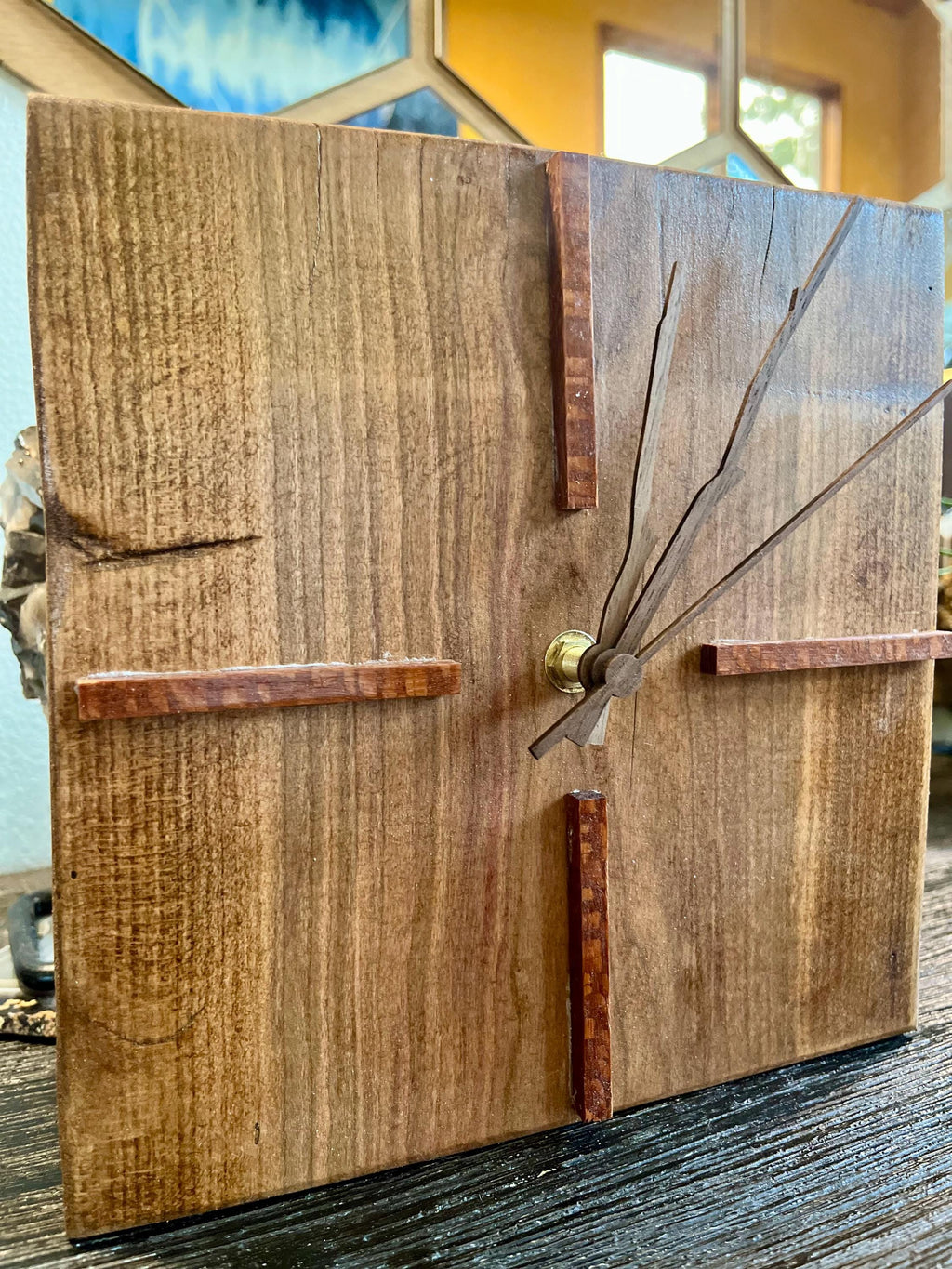 Handmade Live-Edge Plum Wood Clock: Walnut & Leopardwood Inlays