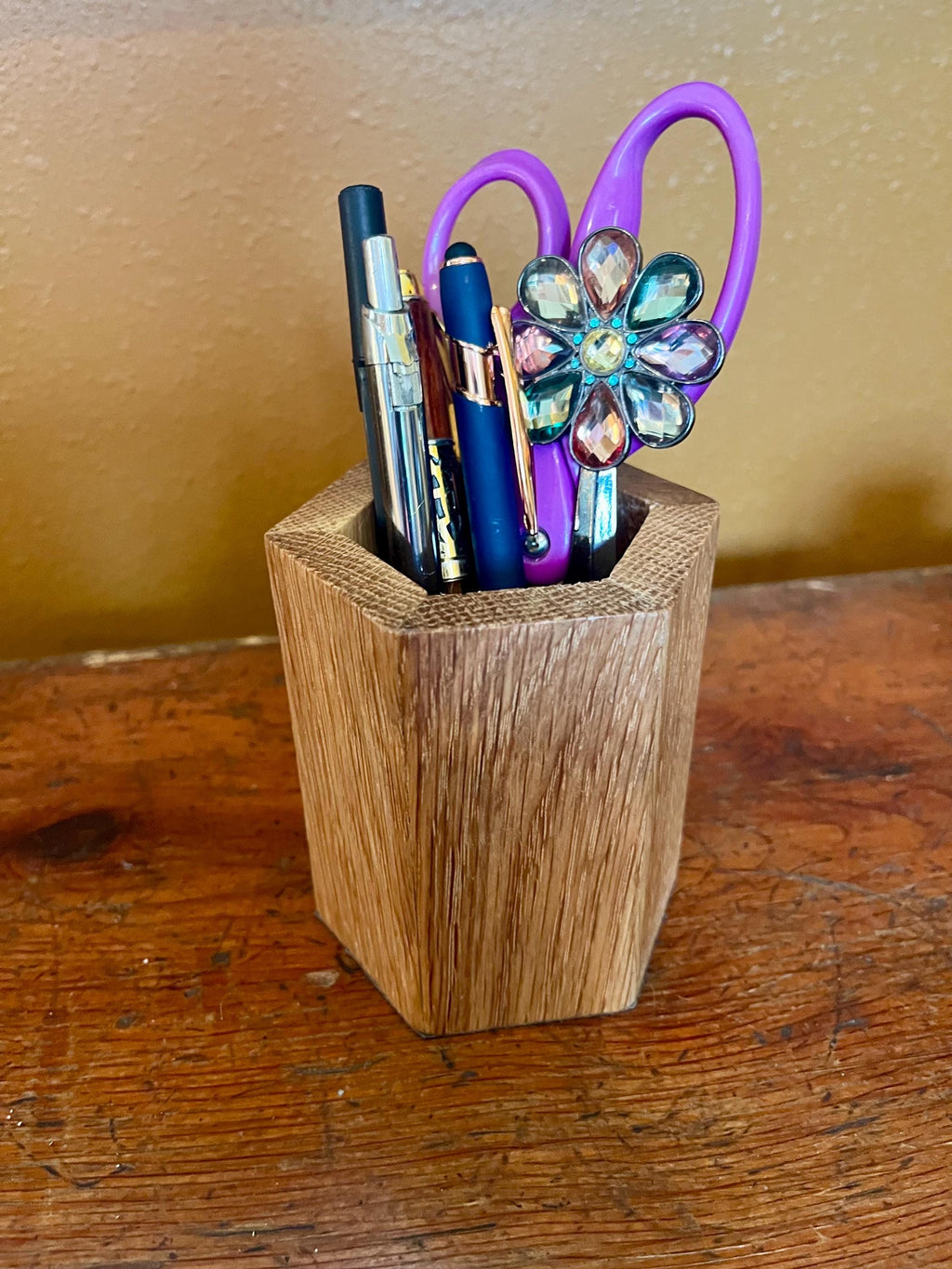 Handmade Reclaimed Oak Pen Holder | Rustic Desk Organizer