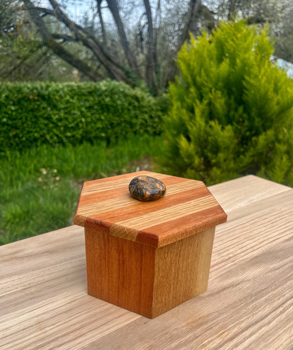 Handcrafted Oak & Mahogany Hexagonal Storage Box with New Zealand Beach Stone Pull