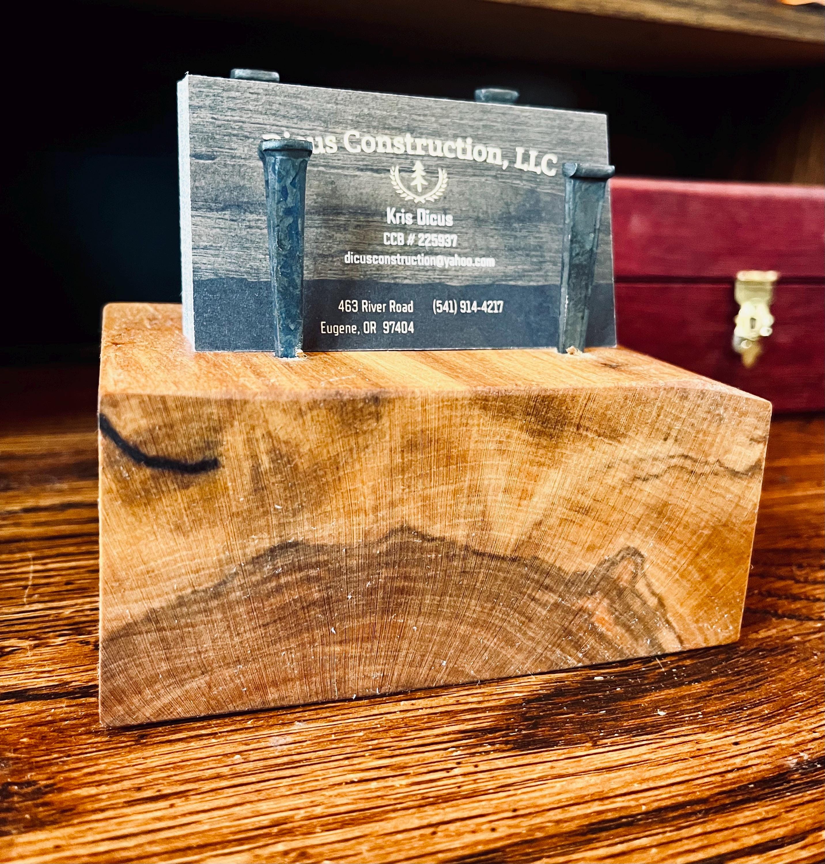 Handmade Plum and Apple Wood Business Card Holder: Rustic Desk Decor with Antique Nails