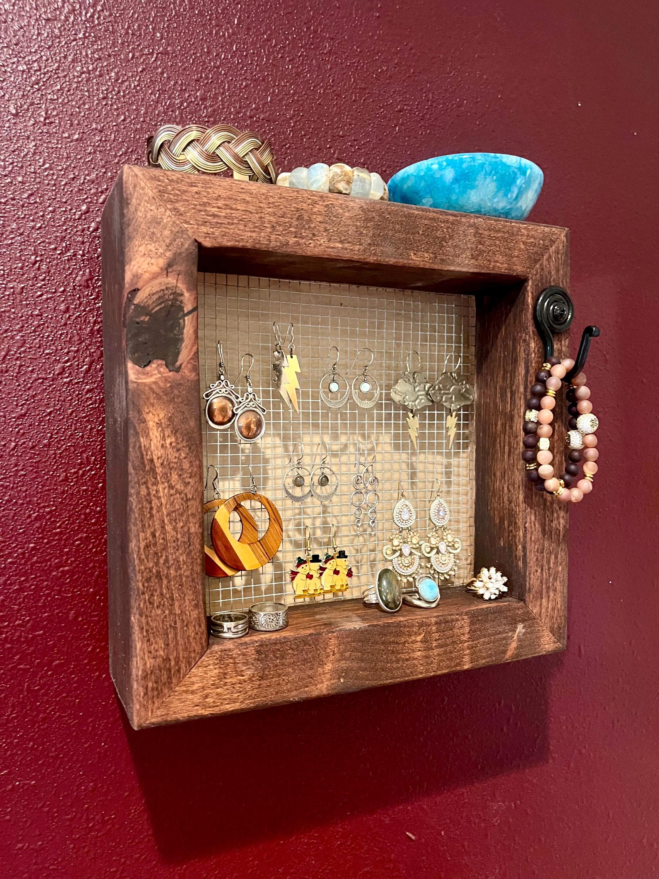Wall Hanging Alder Wood Jewelry Display with Mesh Backing, Necklace Hook, Shelf | Locally Grown Wood