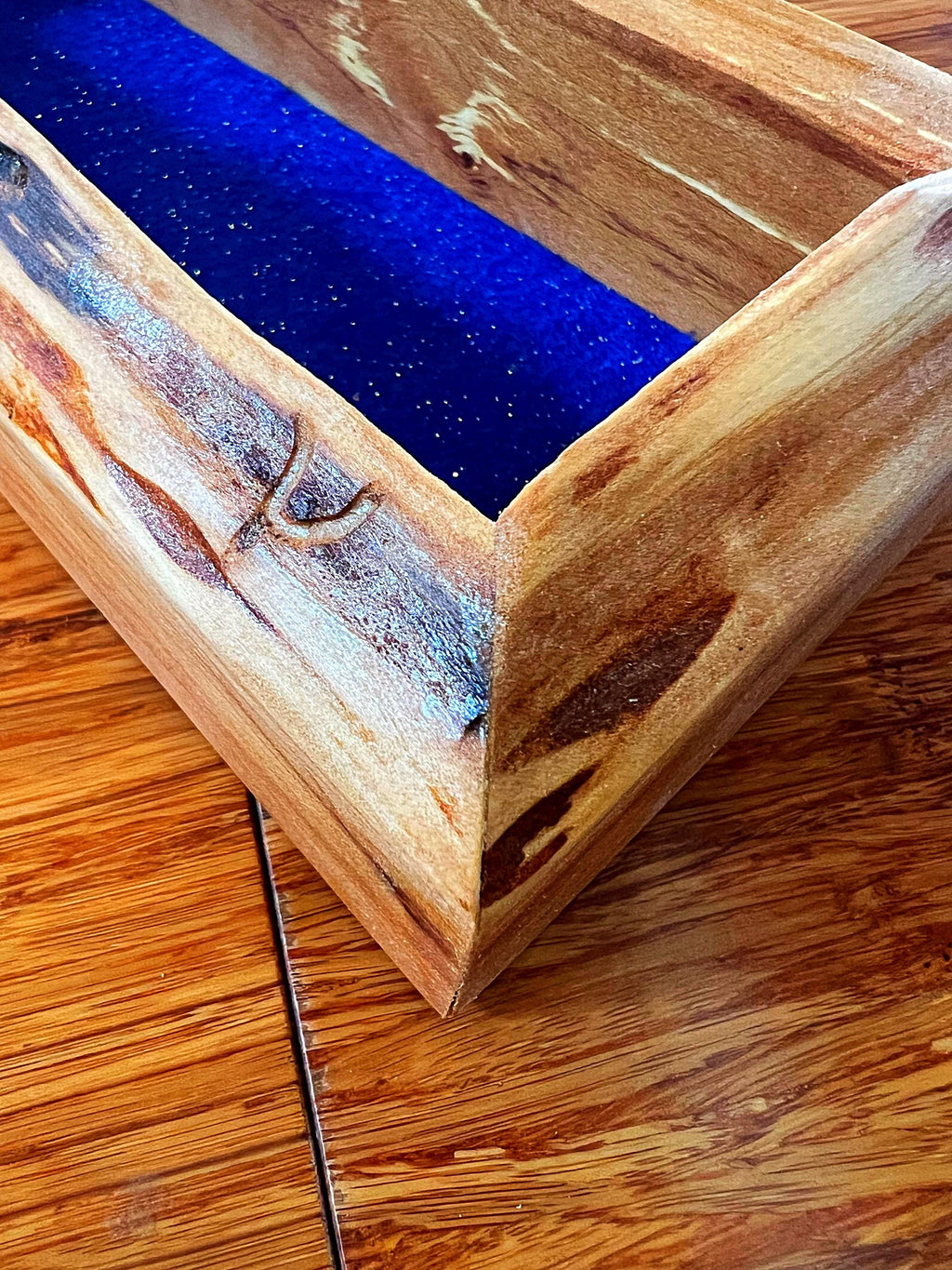 Live-Edge Apple Wood Jewelry Tray: Blue Sparkle Felt, Handmade Keepsake Holder