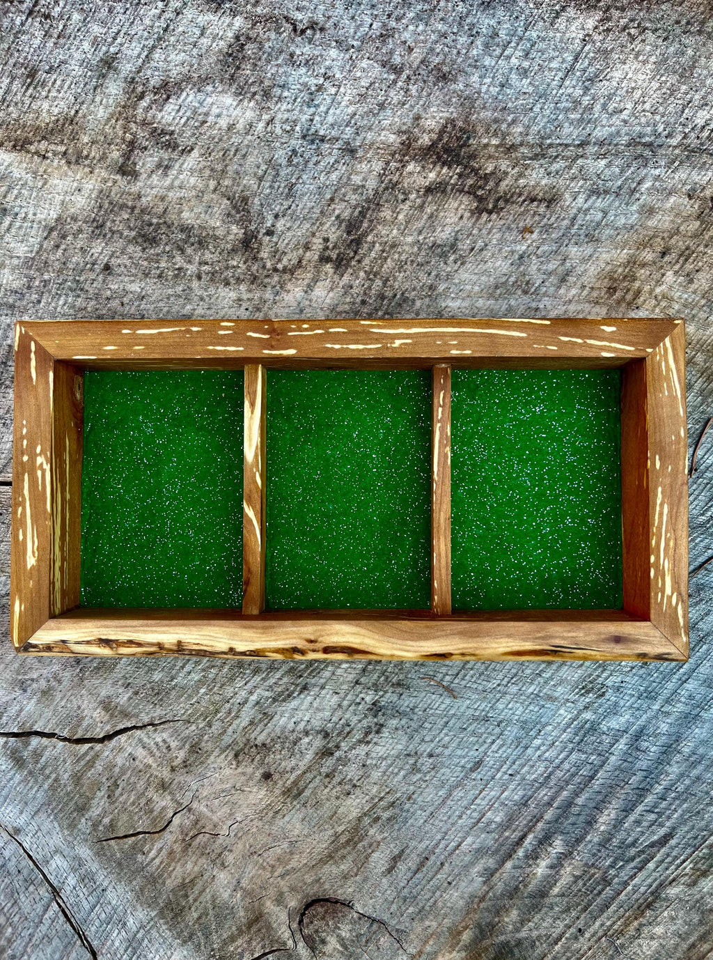 Handmade Live-Edge Apple Wood Jewelry Tray: Green Sparkle Felt Lined