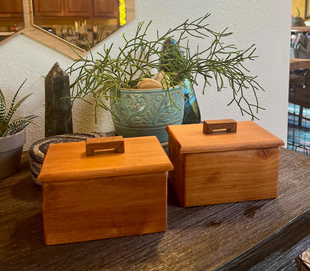 Reclaimed Cherry Wood Boxes with Walnut Handles, Felt Lined - Set of 2