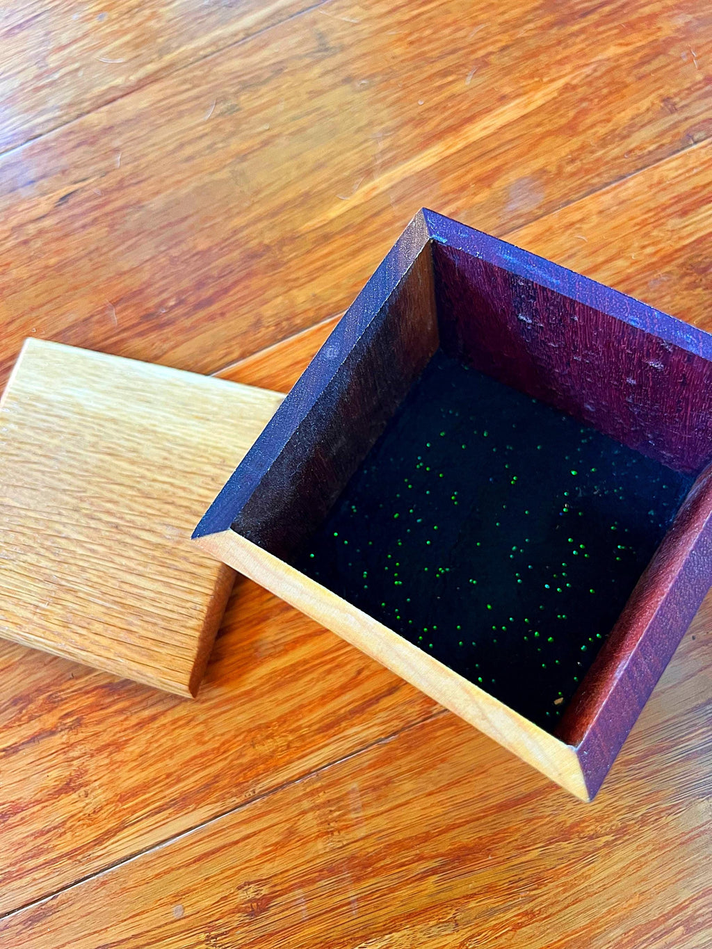 Handmade 5-Wood Keepsake Box: Black Sparkle Felt Lining, Tung Oil Finish
