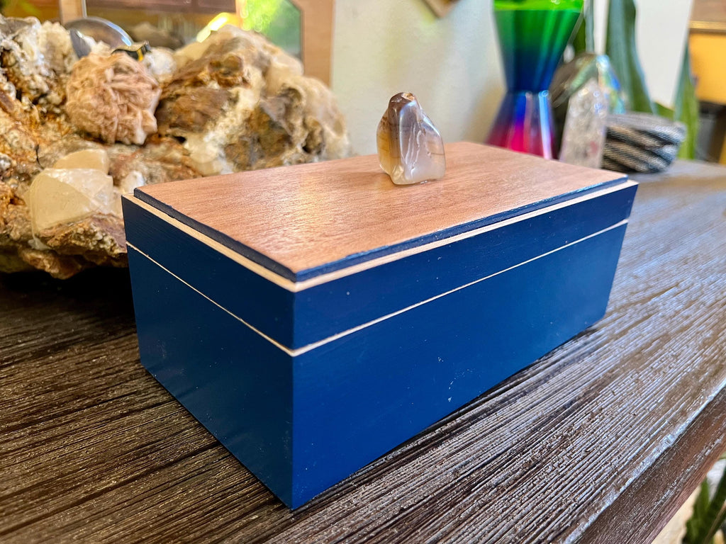Handmade Maple Jewelry Box: Blue Milk Paint Finish, Smokey Quartz Pull