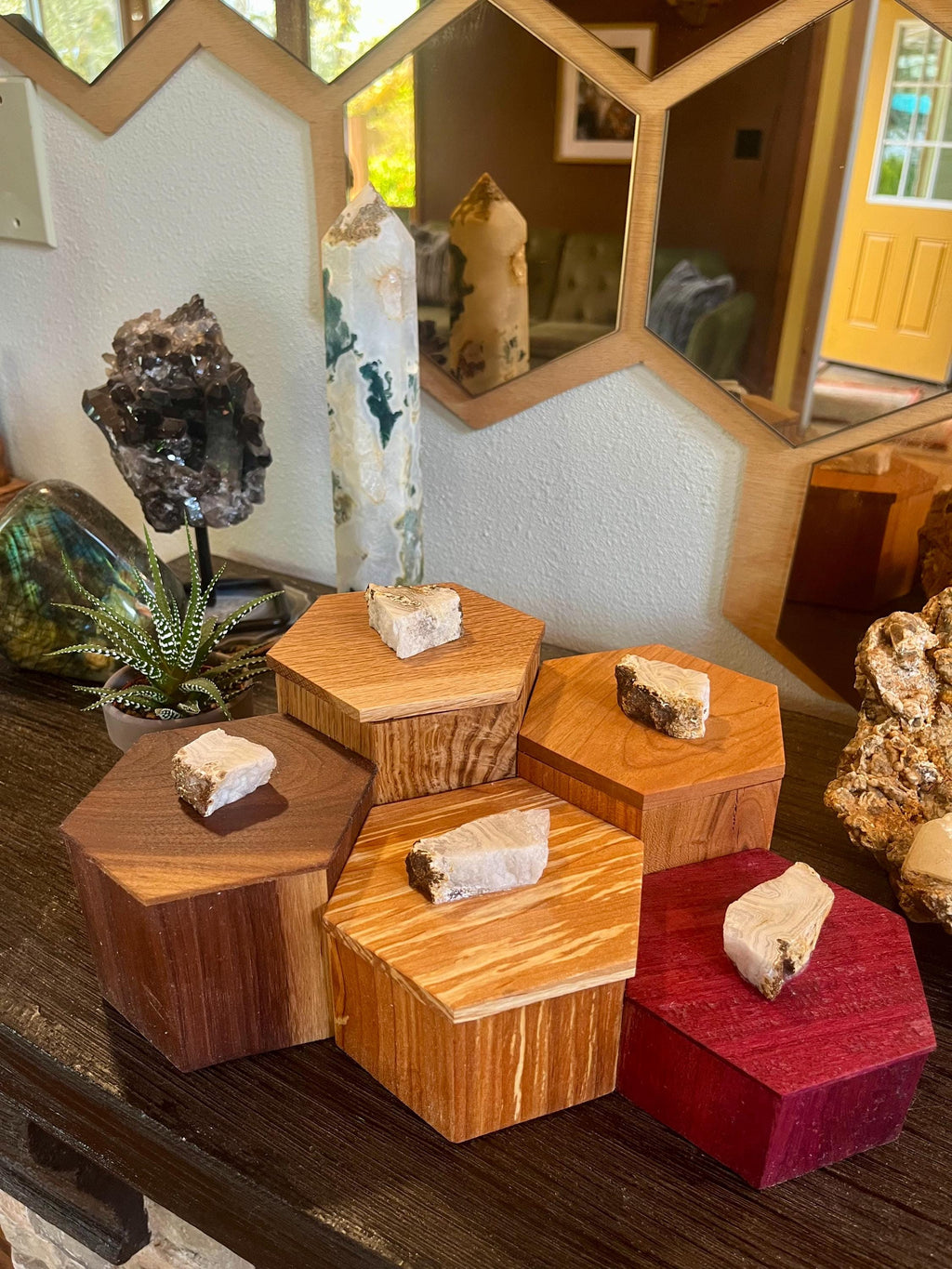 Honeycomb Jewelry Box: Mixed Wood & Oregon Thunderegg Lids