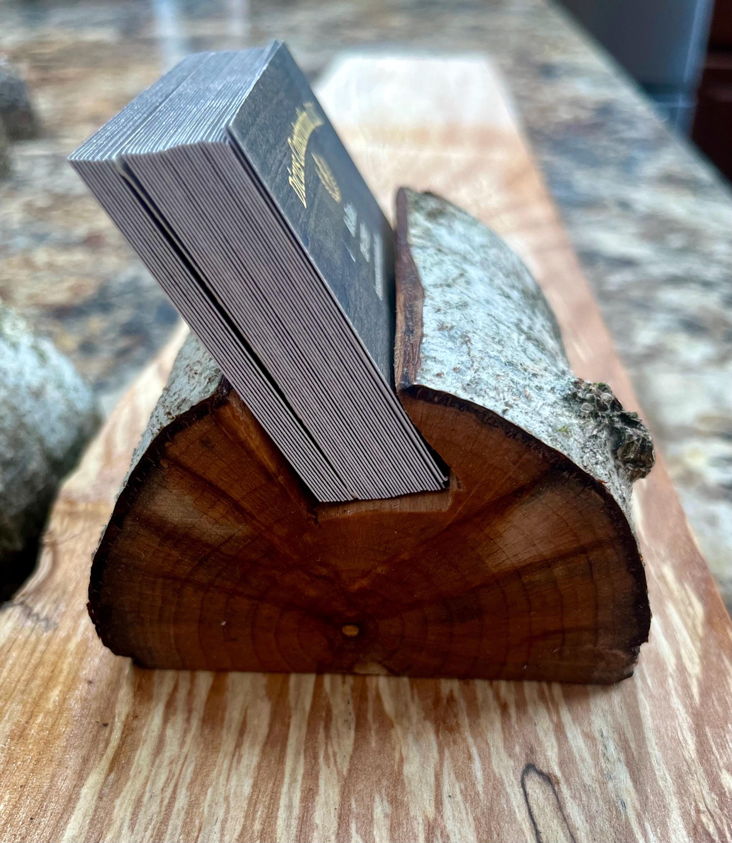 Handmade Plum Wood Business Card Holder: Rustic Desk Decor