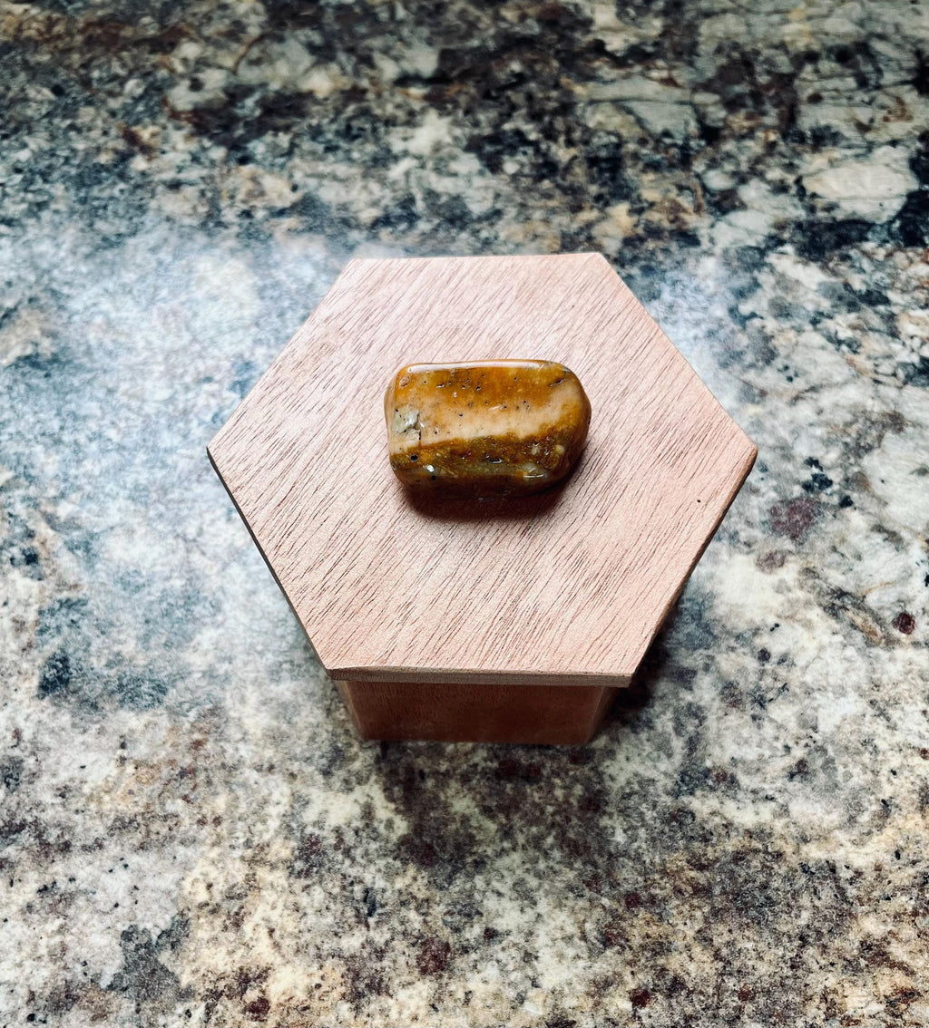 Handmade Mahogany Hexagon Jewelry Box with Agate Stone Lid