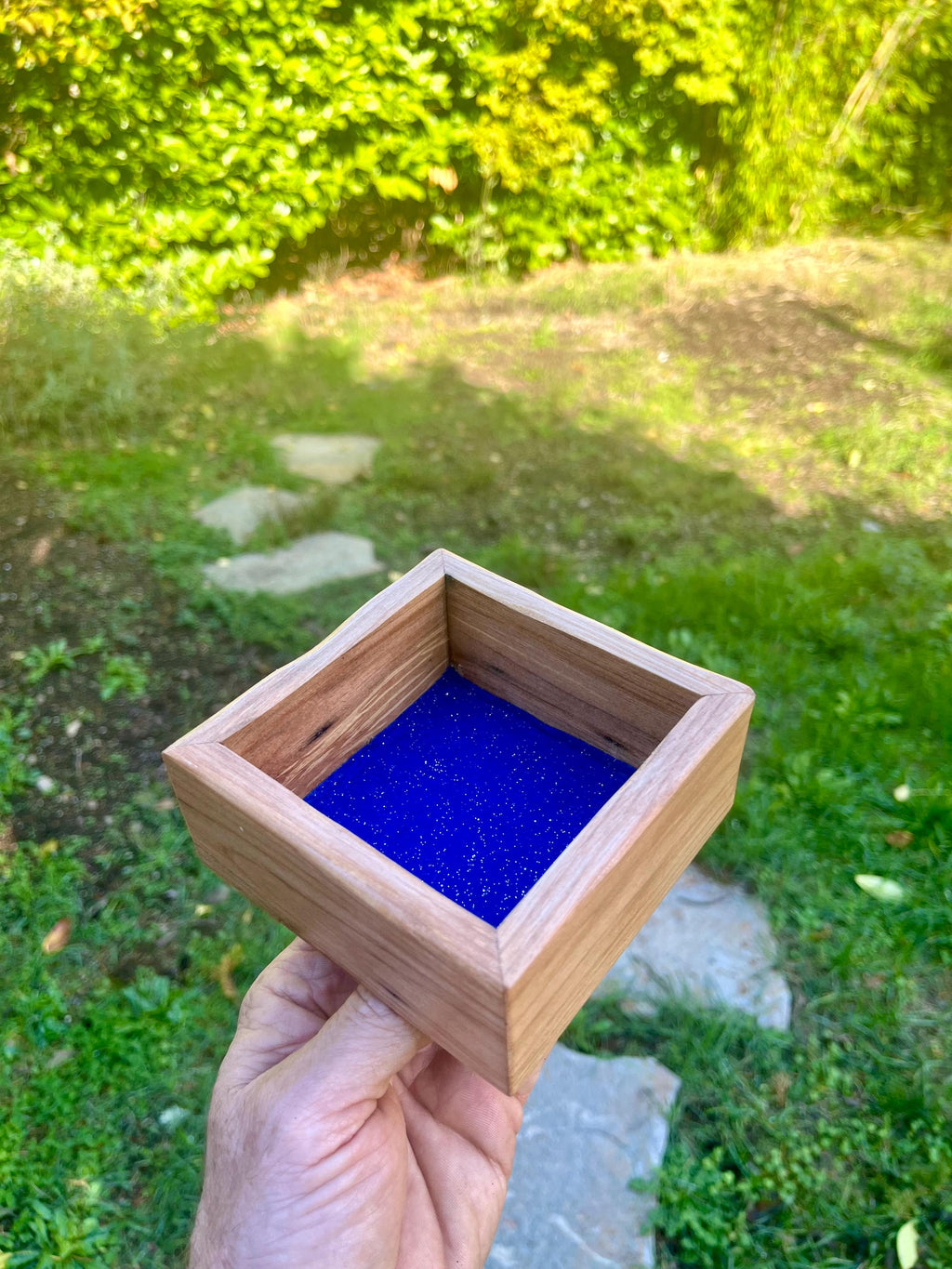 Handmade Plum Wood Ring Tray | Live Edge Jewelry Dish, Blue Felt Lined