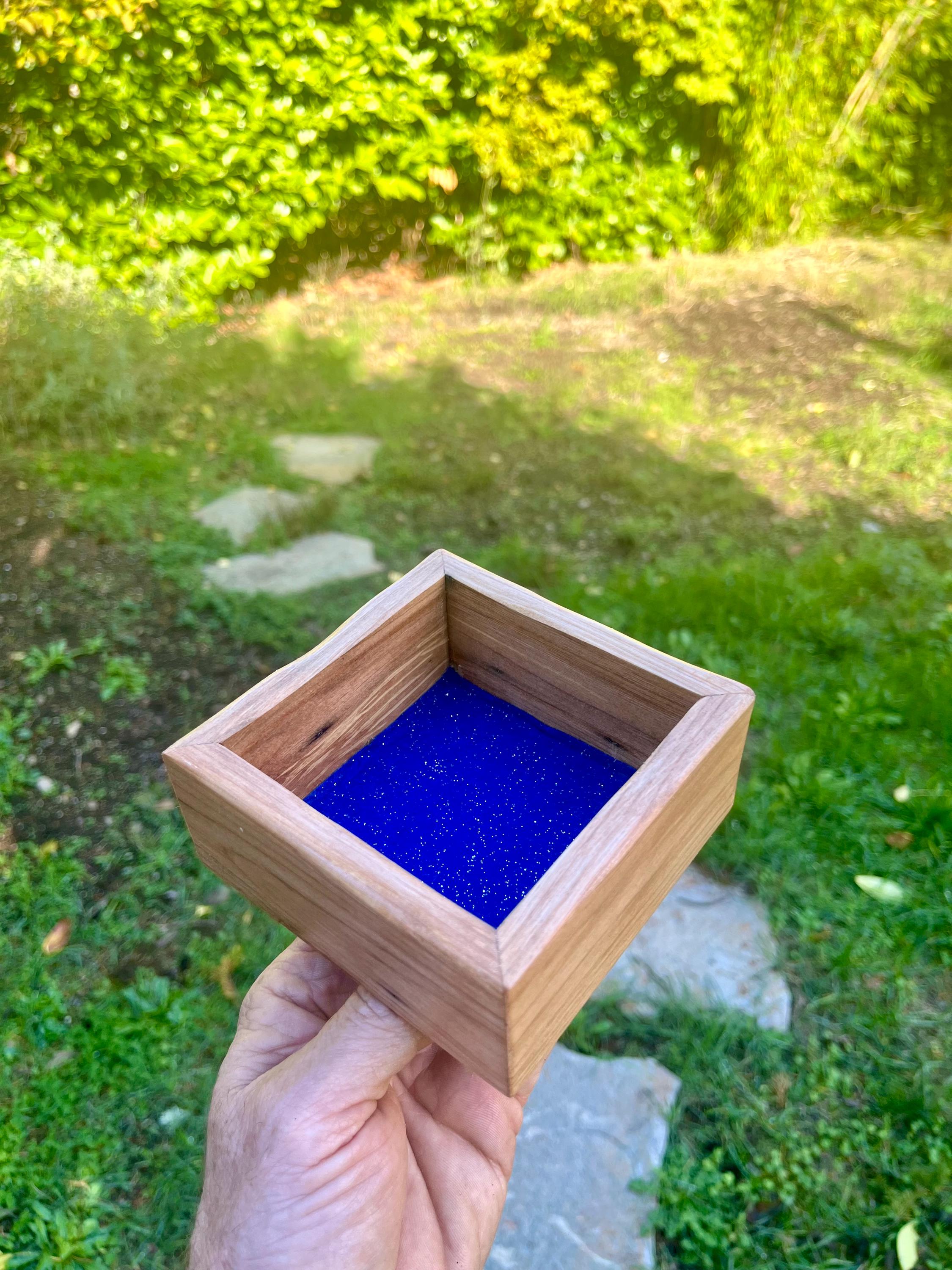 Handmade Plum Wood Ring Tray | Live Edge Jewelry Dish, Blue Felt Lined