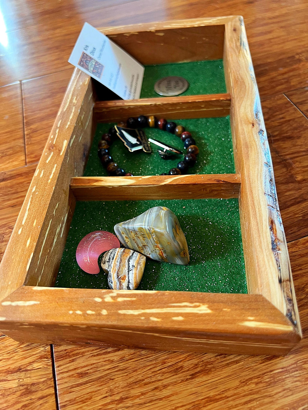 Handmade Live-Edge Apple Wood Jewelry Tray: Green Sparkle Felt Lined