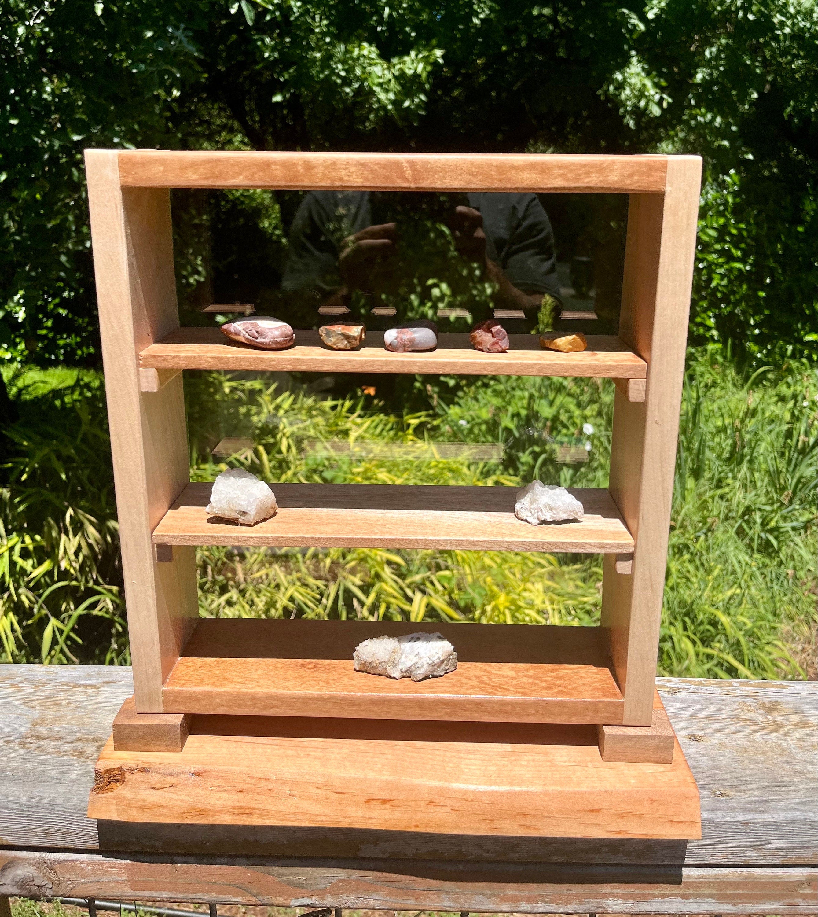 Handmade Wood Desktop Shelf: Mahogany, Oak & Live Edge Alder Base