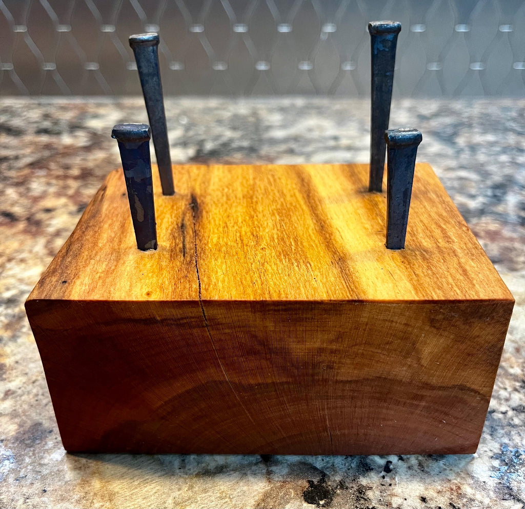 Handmade Plum and Apple Wood Business Card Holder: Rustic Desk Decor with Antique Nails