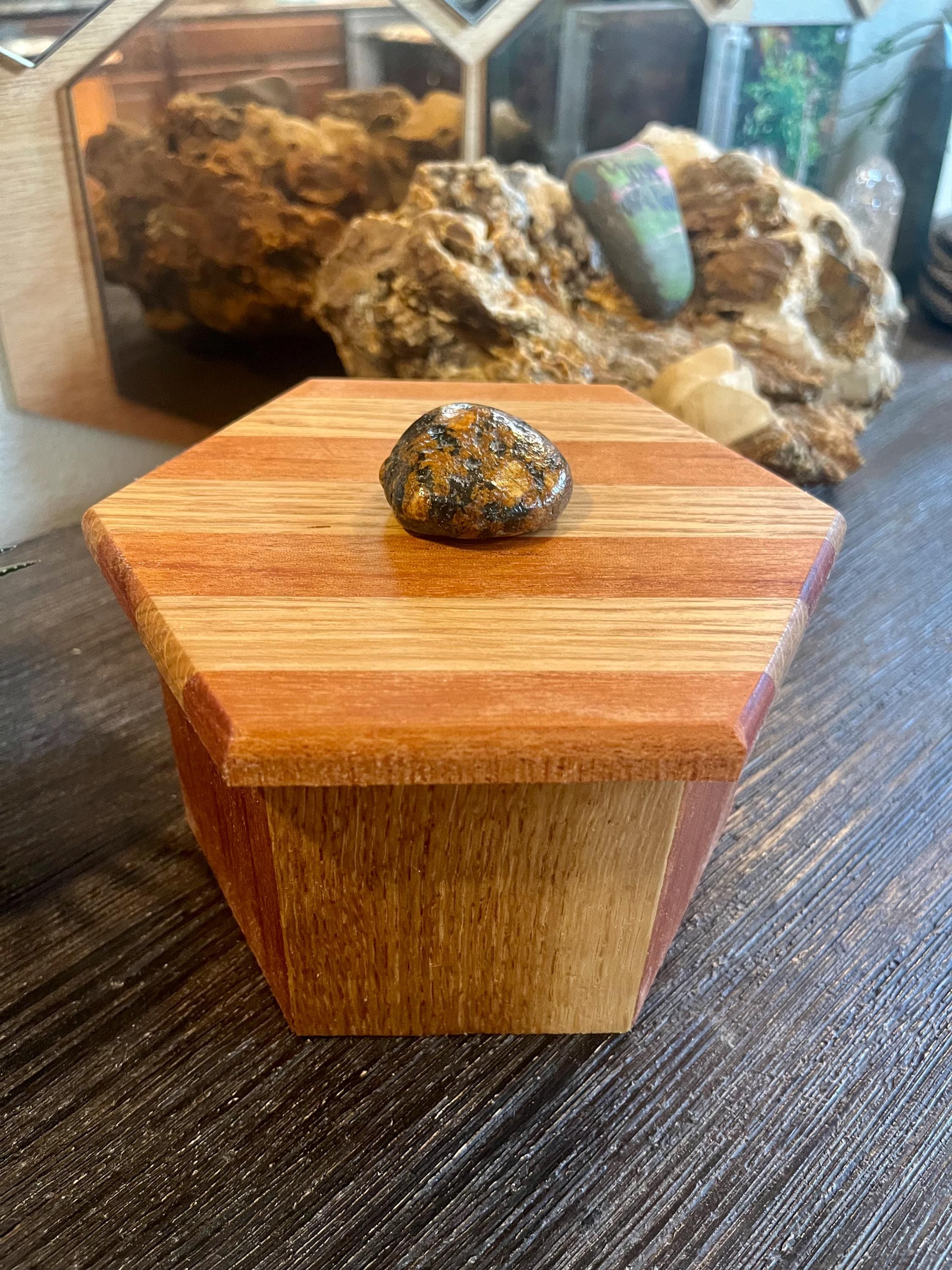 Handcrafted Oak & Mahogany Hexagonal Storage Box with New Zealand Beach Stone Pull